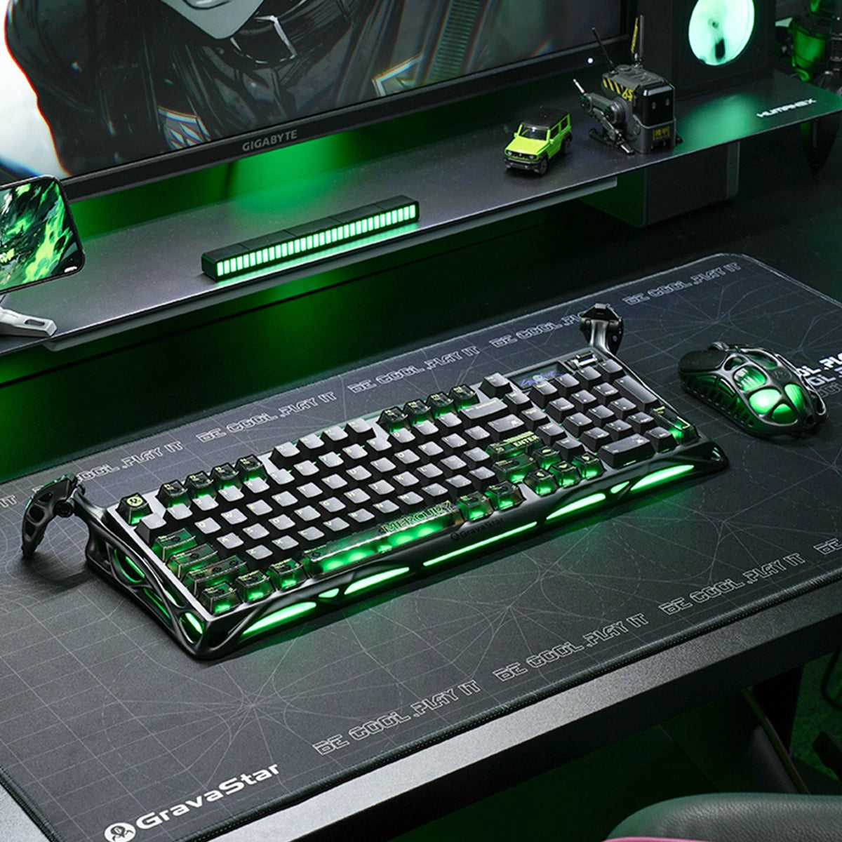 GravaStar K98 Pro and X Pro 8000Hz Gaming Set Phantom Black desktop setup perspective view showing Mercury K98 Pro TFT mechanical keyboard and Mercury X Pro 49g magnesium mouse with green RGB backlighting.