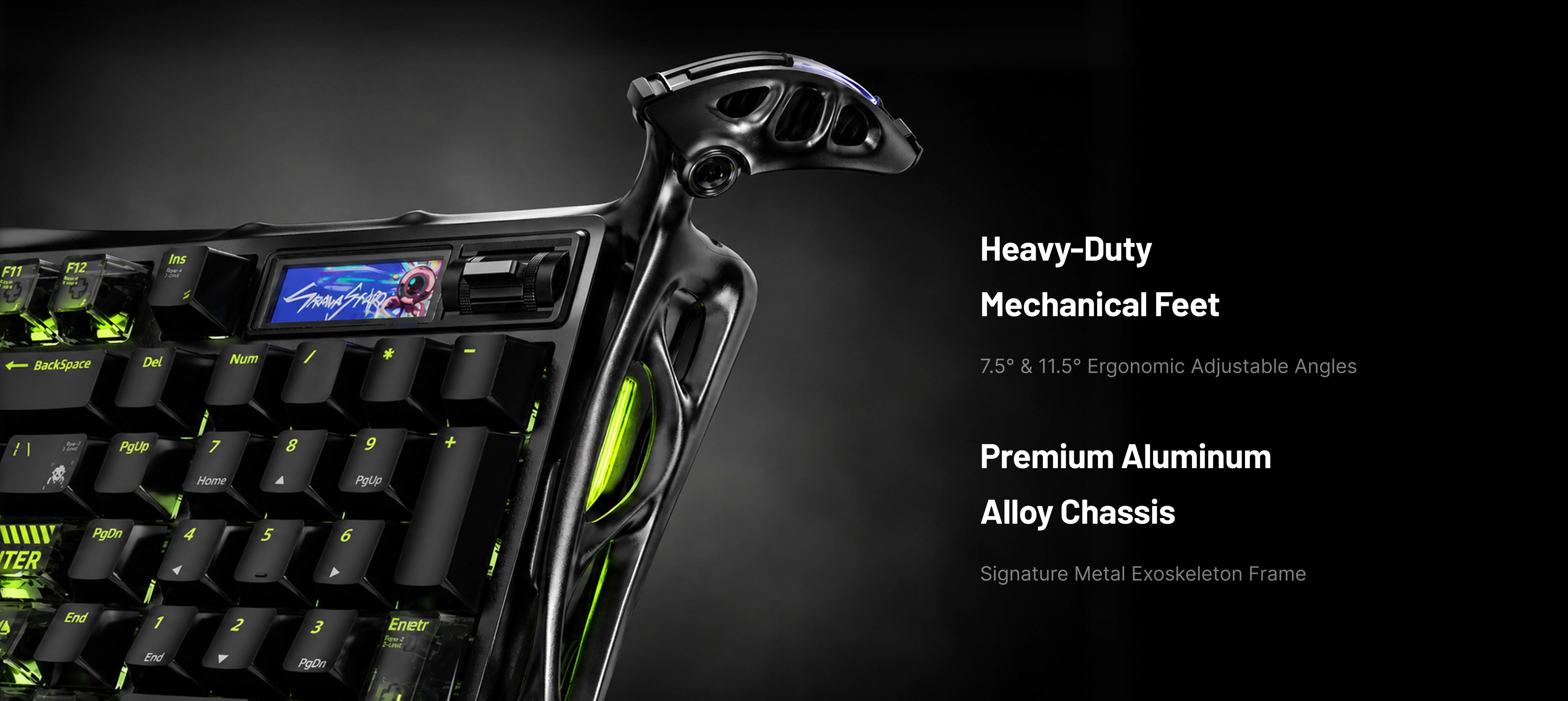 GravaStar K98 Pro & X Pro 8000Hz Gaming Set Phantom Black Mercury K98 Pro 8KHz mechanical gaming keyboard close-up view highlighting glossy aluminum alloy chassis, heavy-duty mechanical feet with 7.5 and 11.5 degree adjustable angles, 1.65 inch TFT display, and green RGB backlighting.
