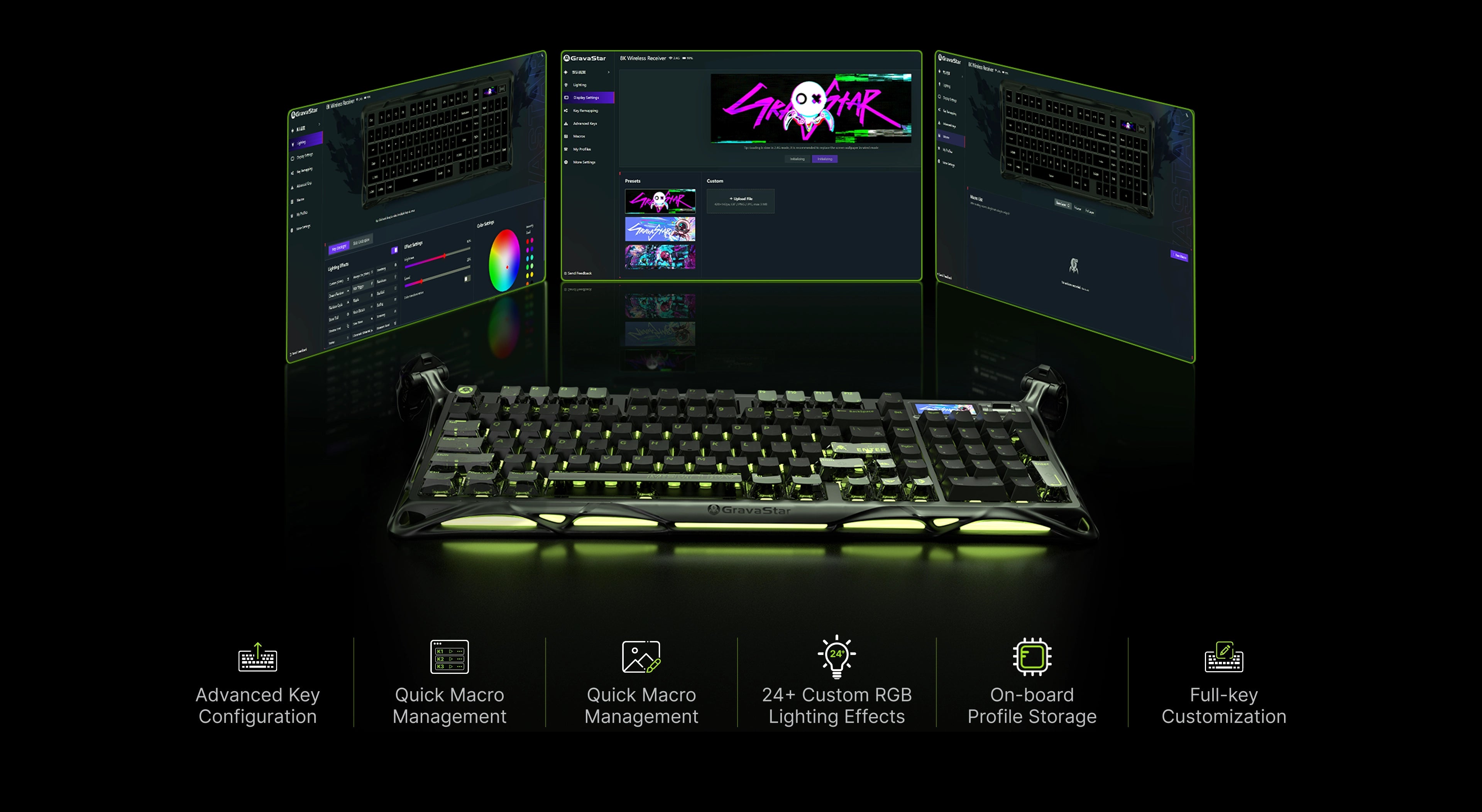 GravaStar K98 Pro & X Pro 8000Hz Gaming Set Phantom Black Mercury K98 Pro 8KHz mechanical gaming keyboard web-based driver UI diagram showcasing advanced key configuration, macro management, screen animation customization, and 24+ RGB lighting effects.