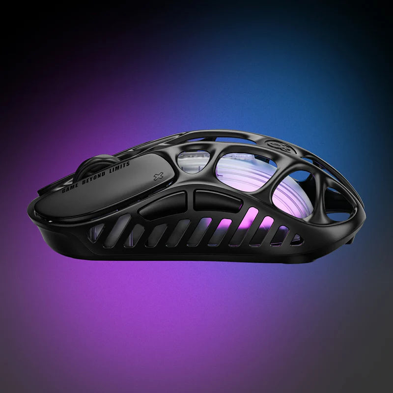 GravaStar K98 Pro and X Pro 8000Hz Gaming Set Mercury X Pro wireless gaming mouse studio side profile view showcasing 49g magnesium alloy skeletal frame and vibrant GlowSync RGB backlighting.
