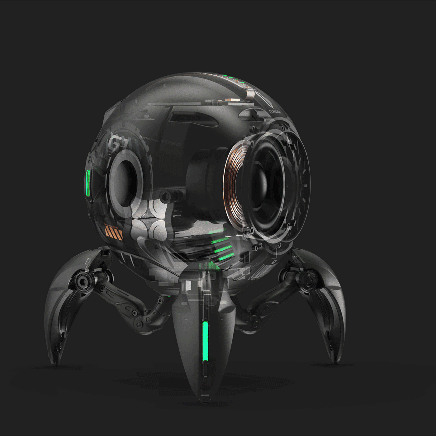 GravaStar Mars Pro Special Edition War-Damaged Yellow handcrafted Bluetooth speaker animated acoustic diagram showcasing 20-watt dual speaker system, passive bass radiator, DSP equal-loudness contour, custom battle-worn finish, zinc alloy shell, and dynamic green RGB lighting effect.