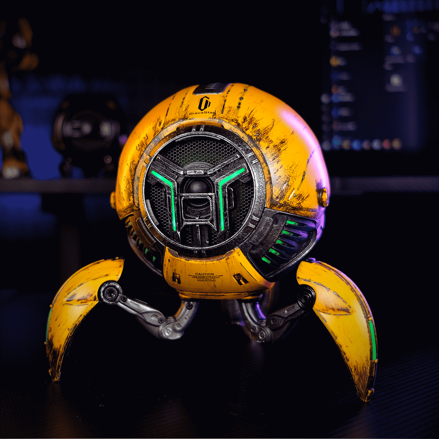 GravaStar Mars Pro Special Edition War-Damaged Yellow handcrafted Bluetooth speaker animated GIF demonstrating 6 dynamic RGB lighting modes including static, pulsing, and music sync effects, powered by custom battle-worn finish, zinc alloy shell, 20-watt dual speaker system, and passive bass radiator.