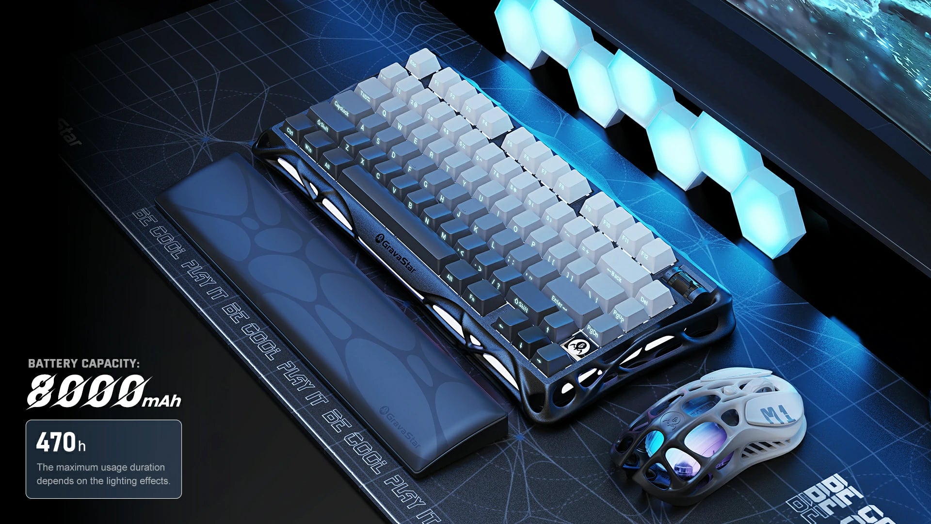GravaStar Mercury K1 Gradient Black 75% wireless mechanical gaming keyboard 8000mAh rechargeable battery feature showcase providing up to 470 hours battery life, displayed with GravaStar wrist rest, M1 Pro gaming mouse, and RGB desk lighting.