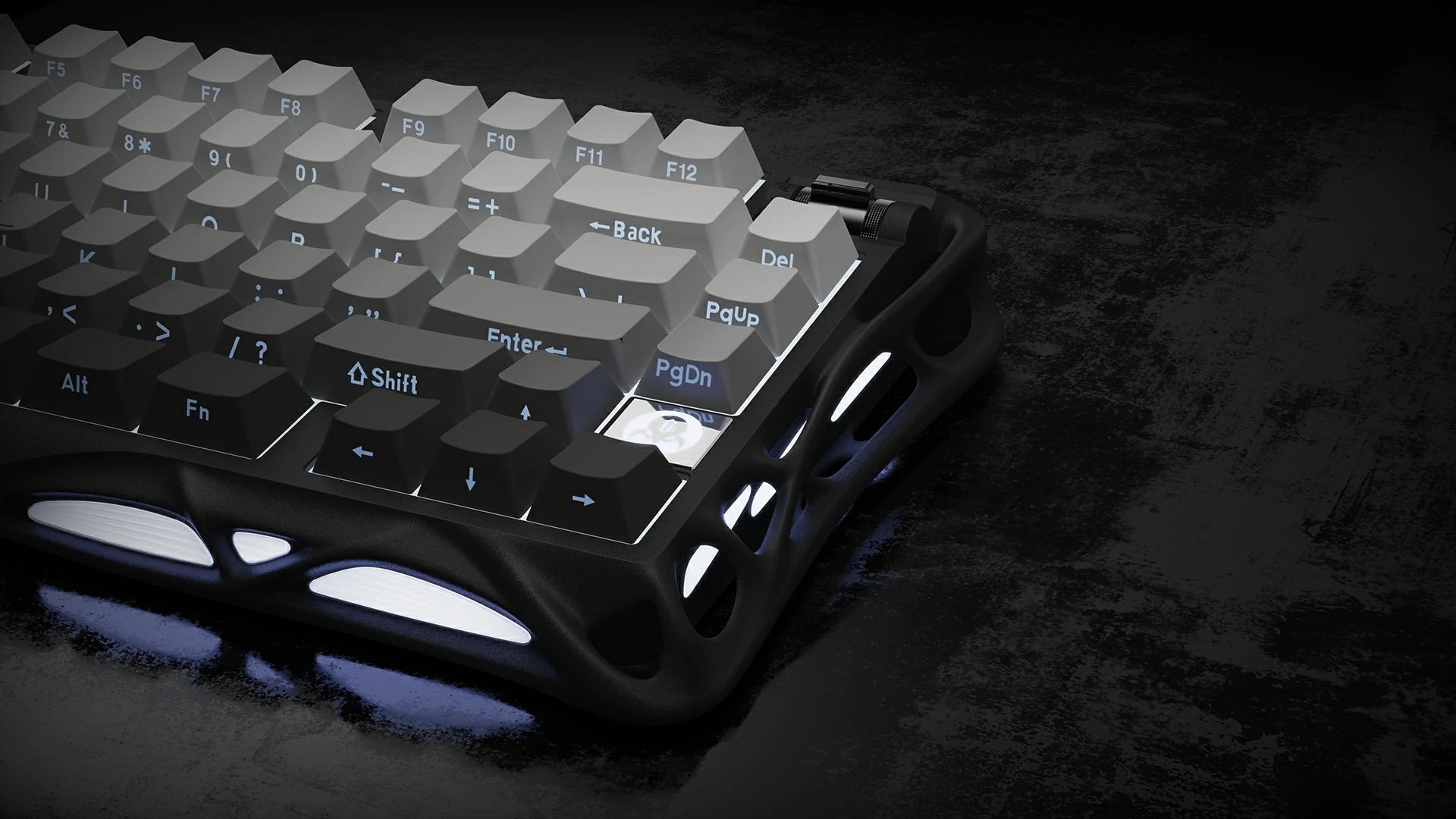 GravaStar Mercury K1 Gradient Black 75% wireless mechanical gaming keyboard close-up featuring double-shot PBT keycaps, aluminum alloy gradient skeleton frame, GravaStar custom linear switches, and dynamic RGB side lighting.