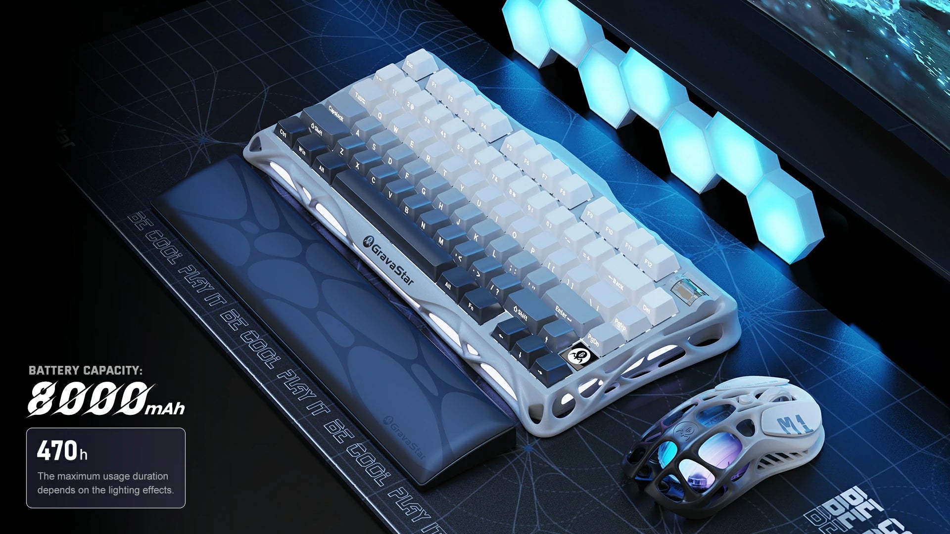 GravaStar Mercury K1 Gradient White 75% wireless mechanical gaming keyboard setup view with Mercury M1 Pro mouse displaying 8000mAh battery capacity and 470 hours battery life feature.