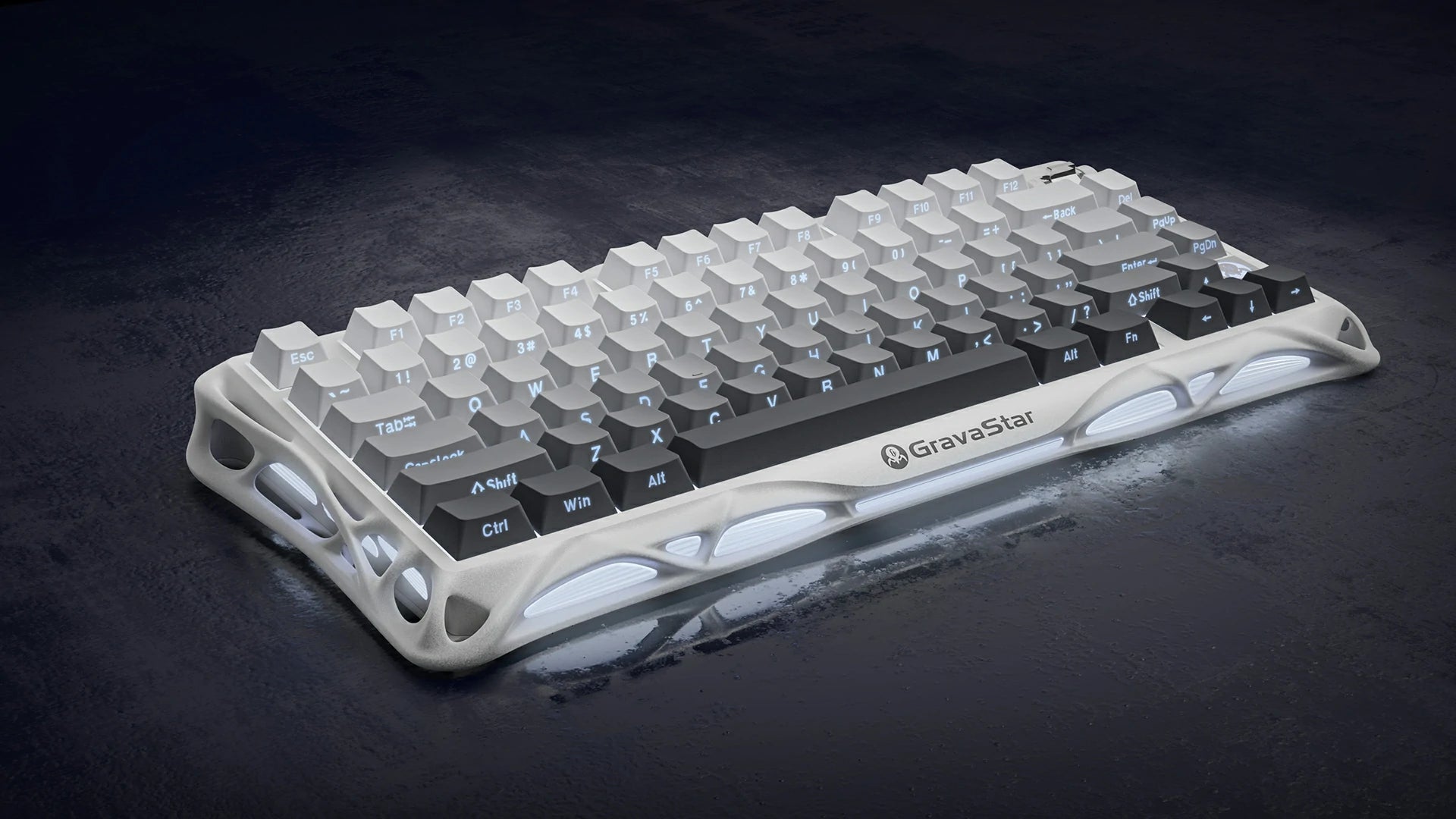 GravaStar Mercury K1 Gradient White 75% wireless mechanical gaming keyboard front angled view showing aluminum alloy gradient frame, GravaStar logo, PBT keycaps, and dual RGB backlighting.