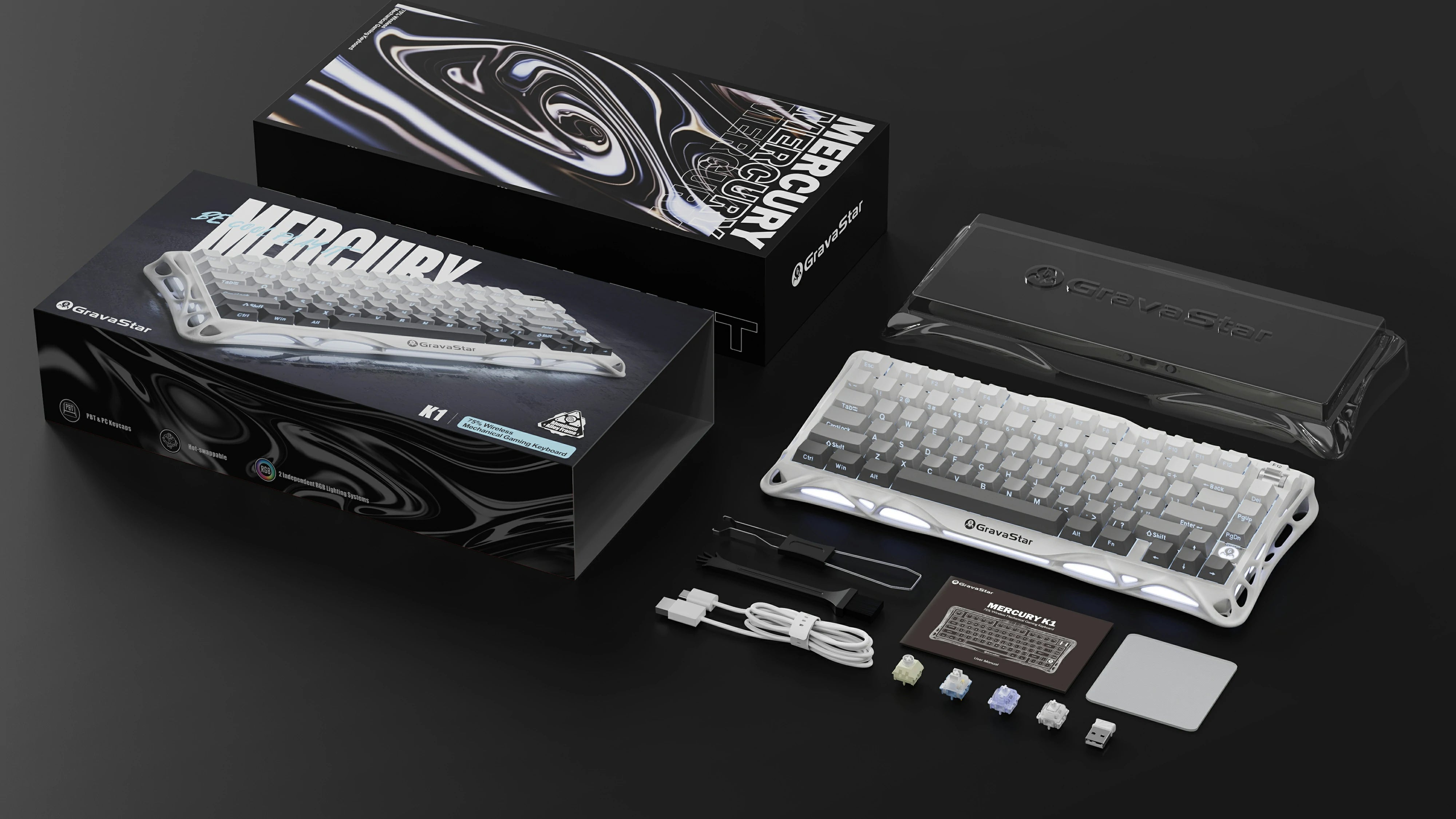 GravaStar Mercury K1 Gradient White 75% wireless mechanical gaming keyboard in-the-box accessories view featuring retail packaging box, protective cover, Type-C cable, keycap puller, cleaning brush, and extra switches.