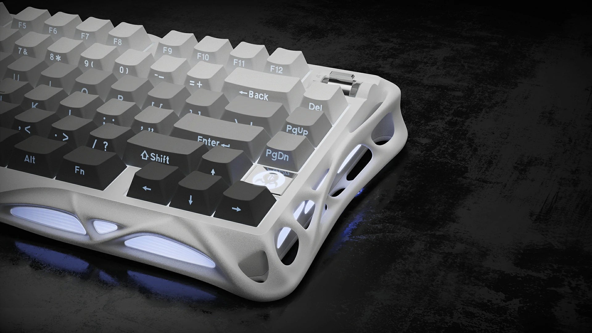 GravaStar Mercury K1 Gradient White 75% wireless mechanical gaming keyboard right side profile view highlighting the white gradient aluminum alloy exoskeleton frame, PBT keycaps, and ice-blue RGB backlighting.