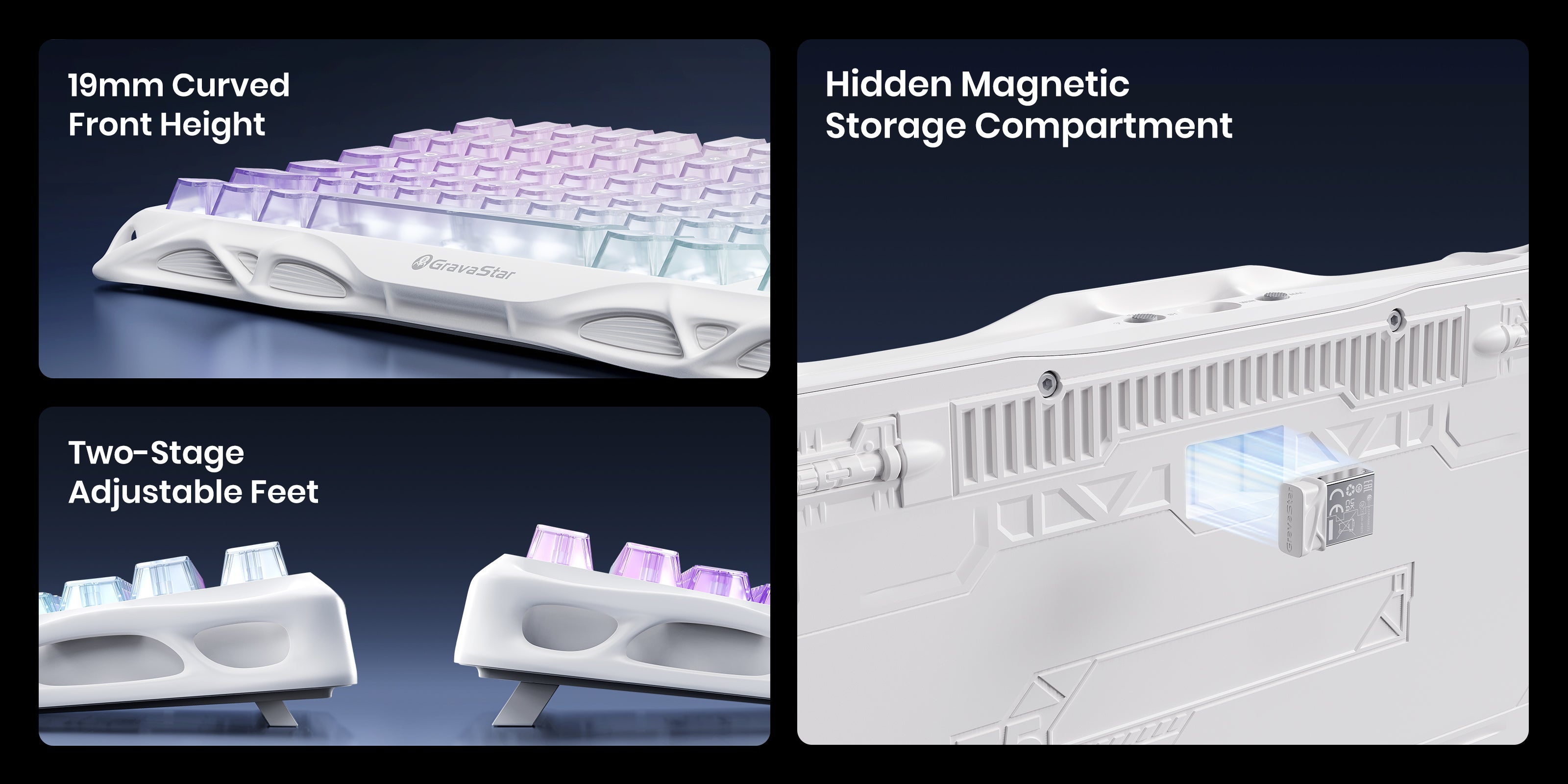 GravaStar Mercury K1 Lite Crystal Aurora 75% wireless mechanical gaming keyboard setup view displaying 4000mAh battery capacity and 235 hours battery life in cyberpunk gaming desk layout.