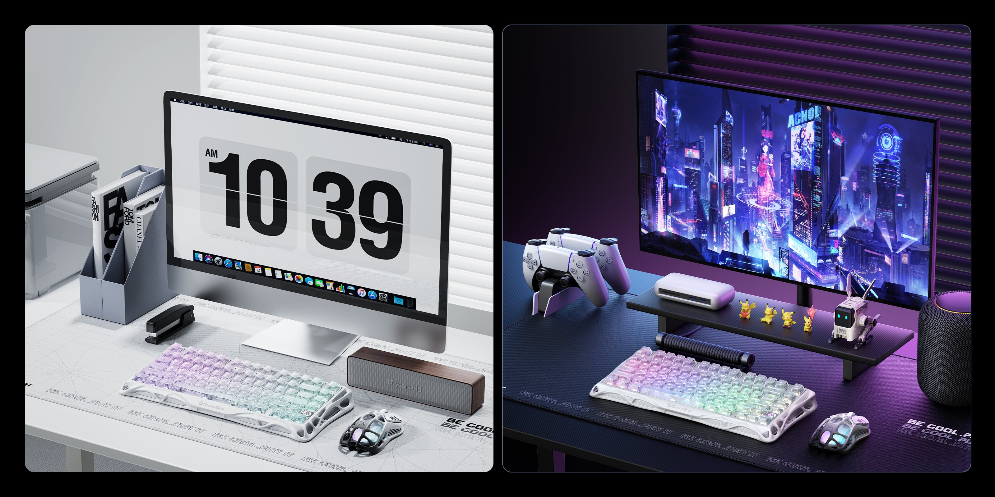 GravaStar Mercury K1 Lite Crystal Aurora 75% wireless mechanical gaming keyboard setup comparison showcasing light minimalist office and dark cyberpunk gaming ecosystems with GravaStar mouse and Alpha65 charger.