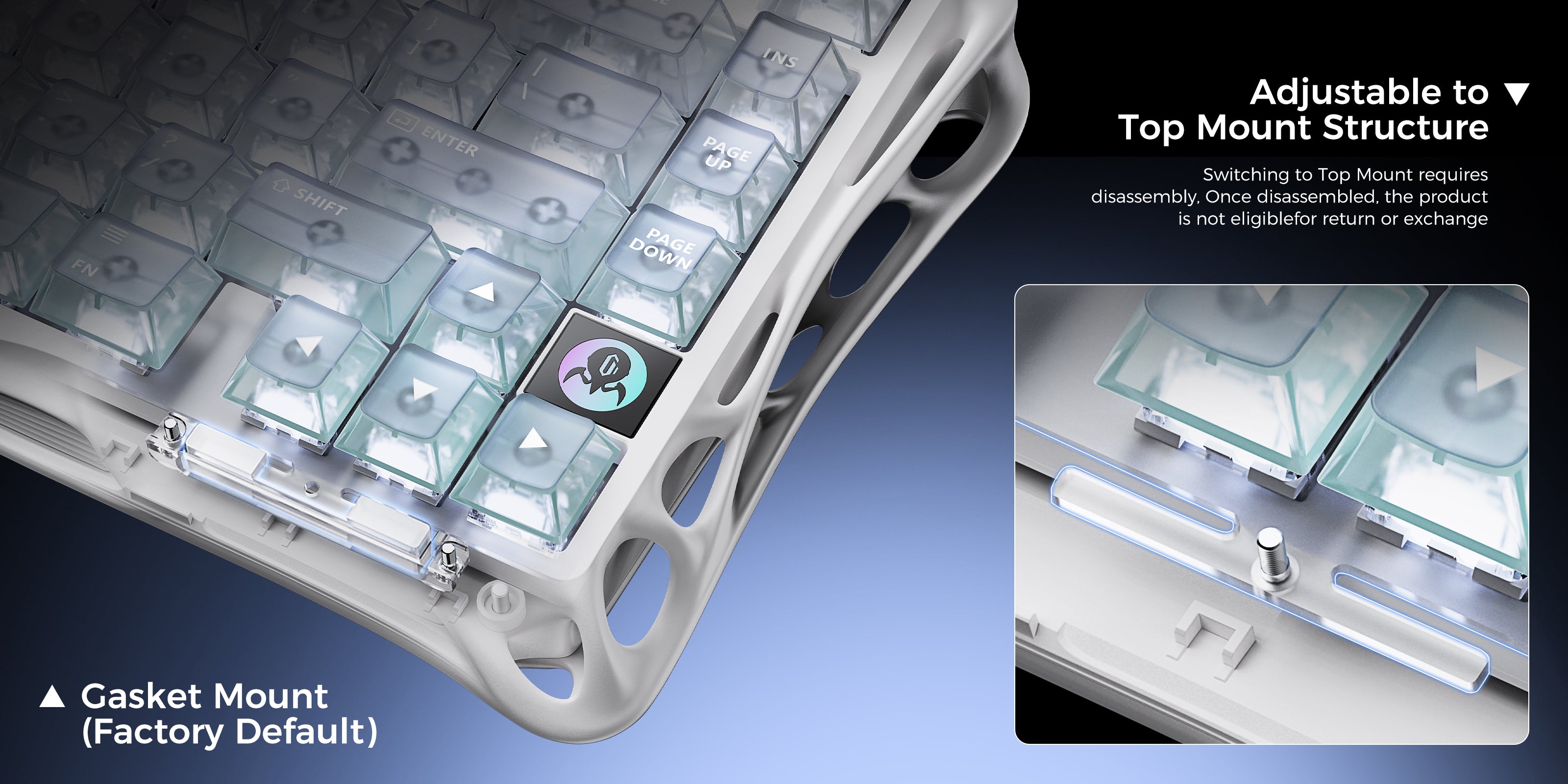 GravaStar Mercury K1 Lite Crystal Aurora 75% wireless mechanical gaming keyboard diagram showcasing dual structure compatibility including factory default Gasket Mount and adjustable Top Mount.