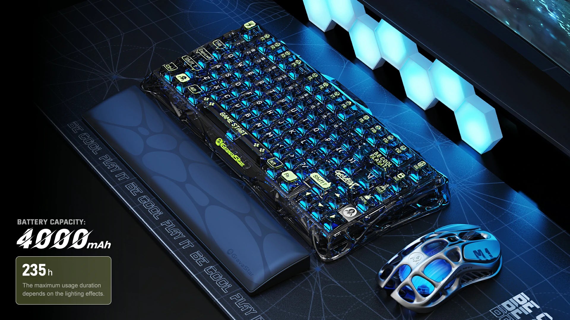 GravaStar Mercury K1 Lite Transparent Black 75% wireless mechanical gaming keyboard desk setup showcasing 4000mAh battery capacity, 235-hour battery life, RGB lighting, and gaming wrist rest pad.
