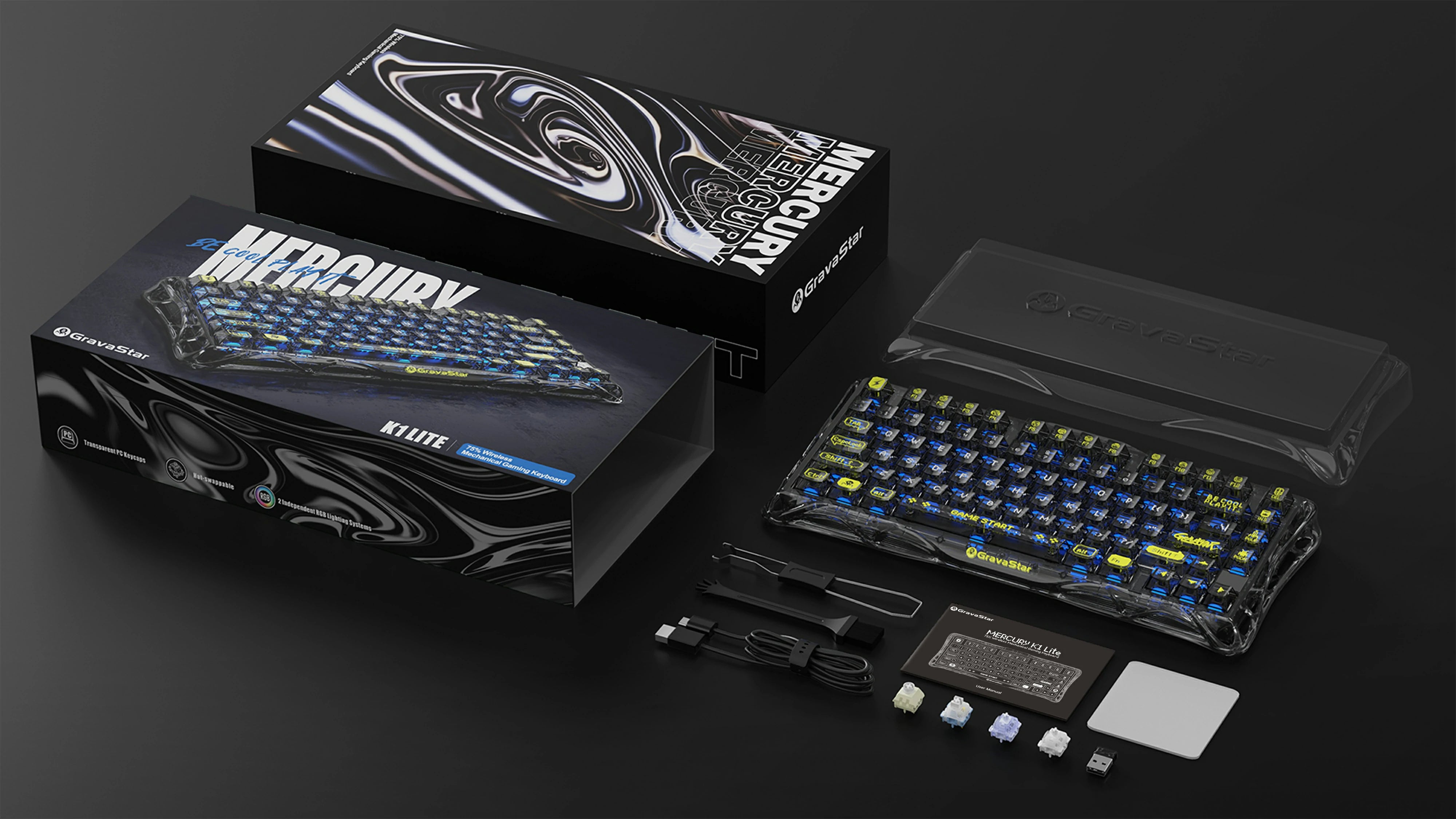GravaStar Mercury K1 Lite Transparent Black 75% wireless mechanical gaming keyboard compatibility diagram showcasing Bluetooth, 2.4GHz wireless, Type-C wired connections, and Mac Windows OS toggle switch.