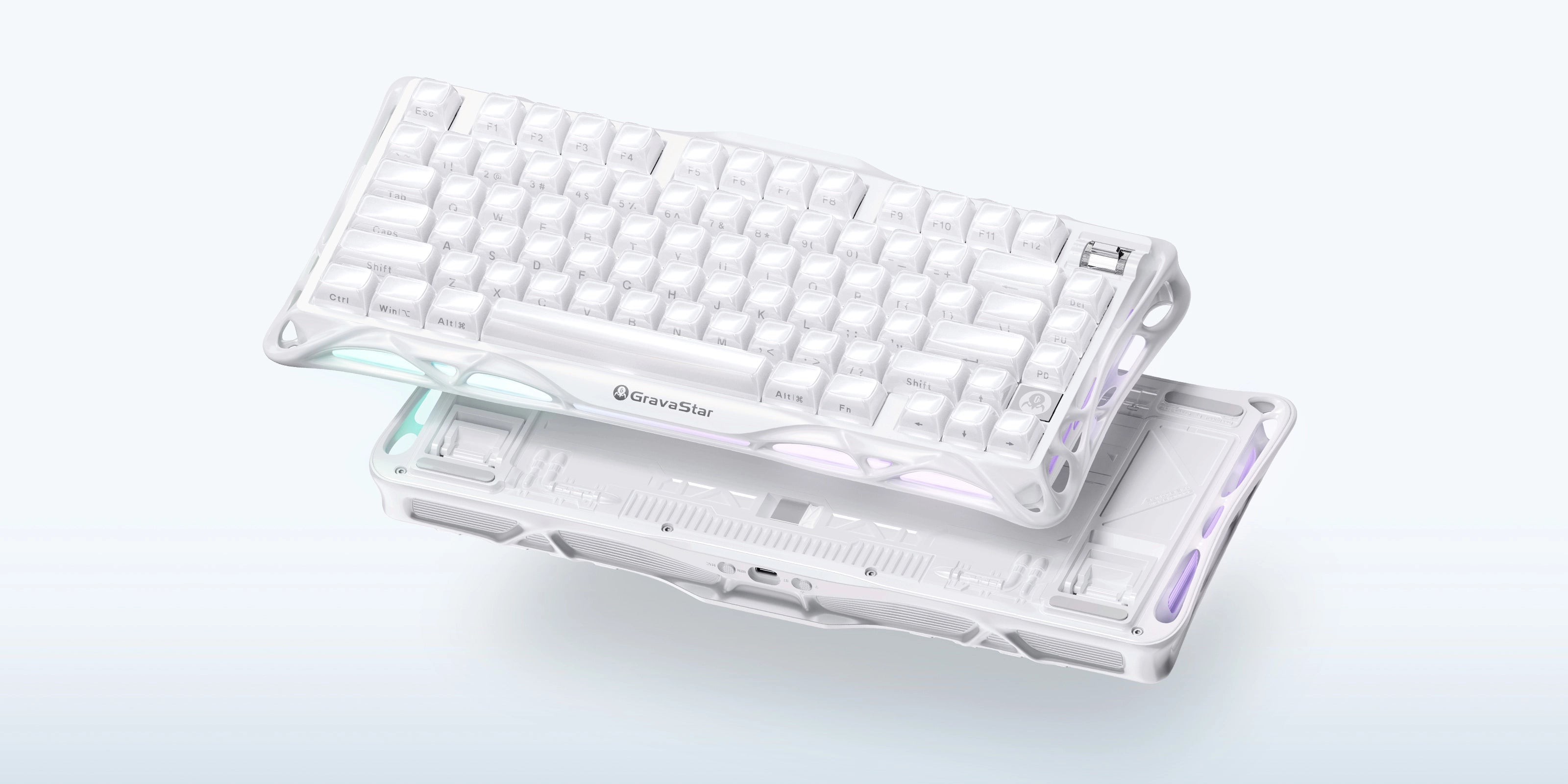 GravaStar Mercury K1 Opaline White 75% wireless mechanical gaming keyboard showing pearl white aluminum alloy exoskeleton chassis, PBT keycaps, custom linear switches, and ARGB backlighting.