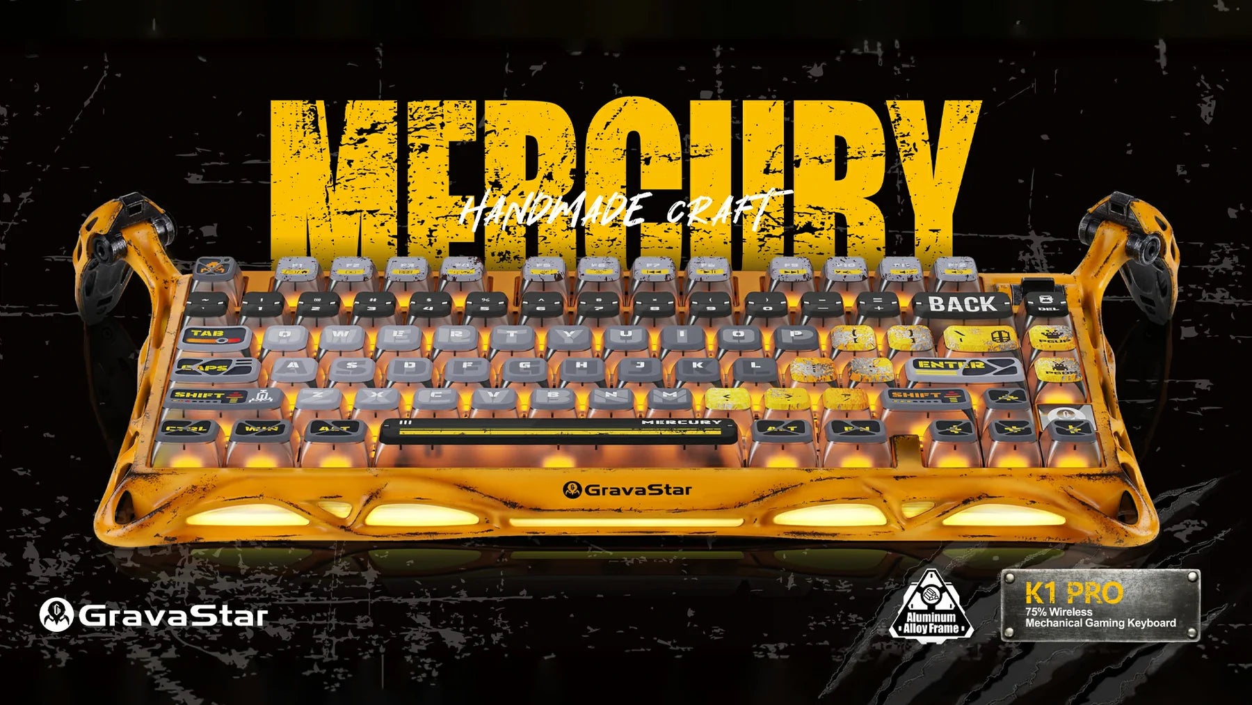 GravaStar Mercury K1 Pro Special Edition Battle-Worn Yellow wireless mechanical keyboard featuring 100% handcrafted weathered aluminum alloy frame, Kailh Speedy Mint linear switches, Pudding PBT keycaps, gasket-mounted dampening structure, and customizable dual RGB backlighting.