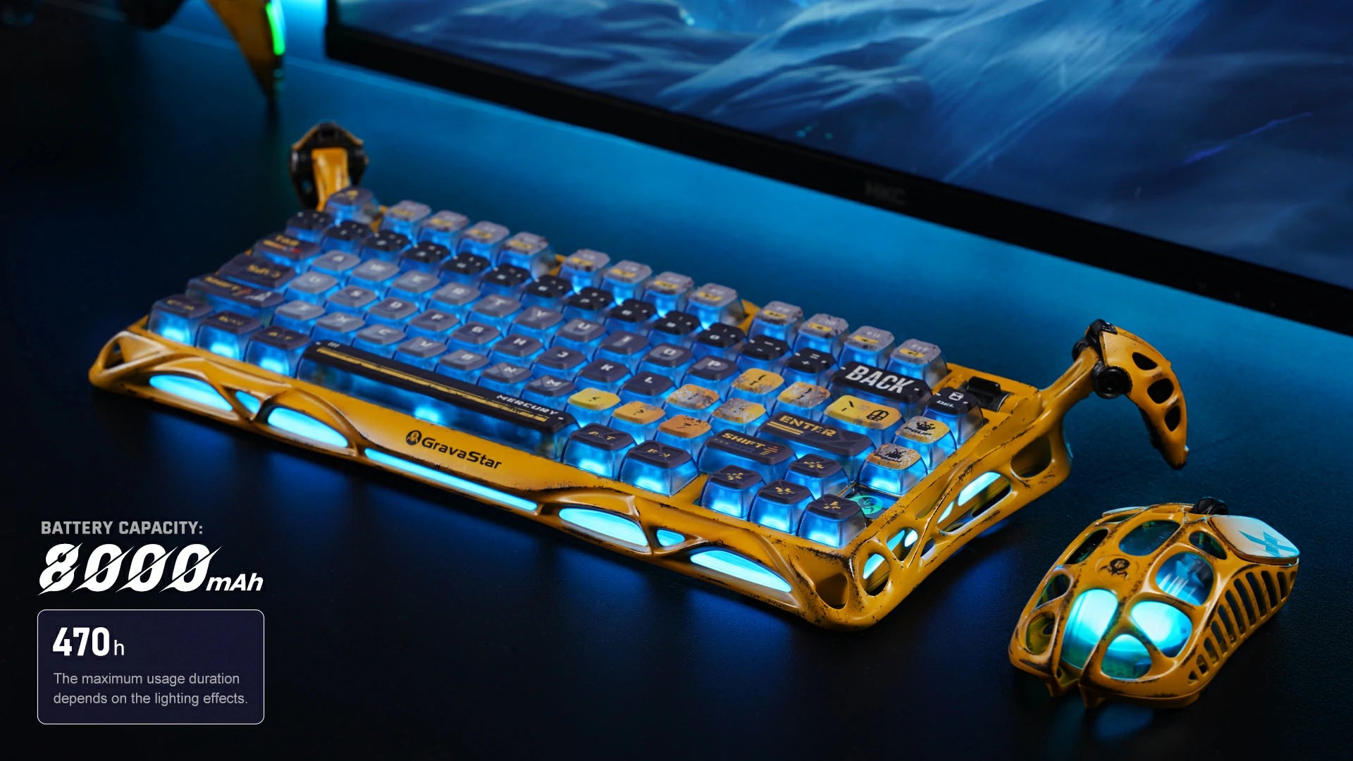 GravaStar Mercury K1 Pro Special Edition Battle-Worn Yellow 75% wireless mechanical gaming keyboard desk setup displaying 8000mAh battery capacity, 470-hour battery life, Pudding PBT keycaps, icy blue RGB backlighting, and Mercury M1 Pro mouse.