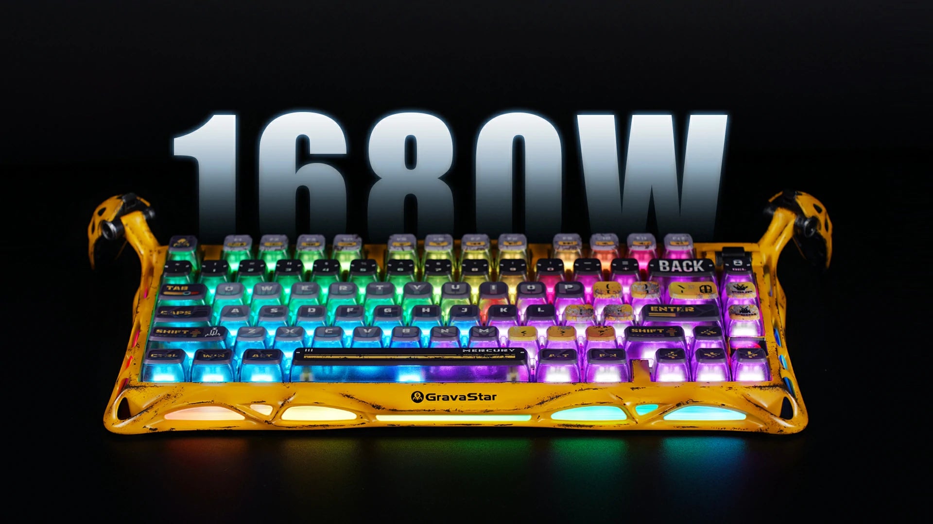 GravaStar Mercury K1 Pro Special Edition Battle-Worn Yellow 75% wireless mechanical gaming keyboard desk setup showcasing 8000mAh battery capacity, 470-hour battery life, Pudding PBT keycaps, Mars Pro speaker, and Mercury M1 Pro mouse.