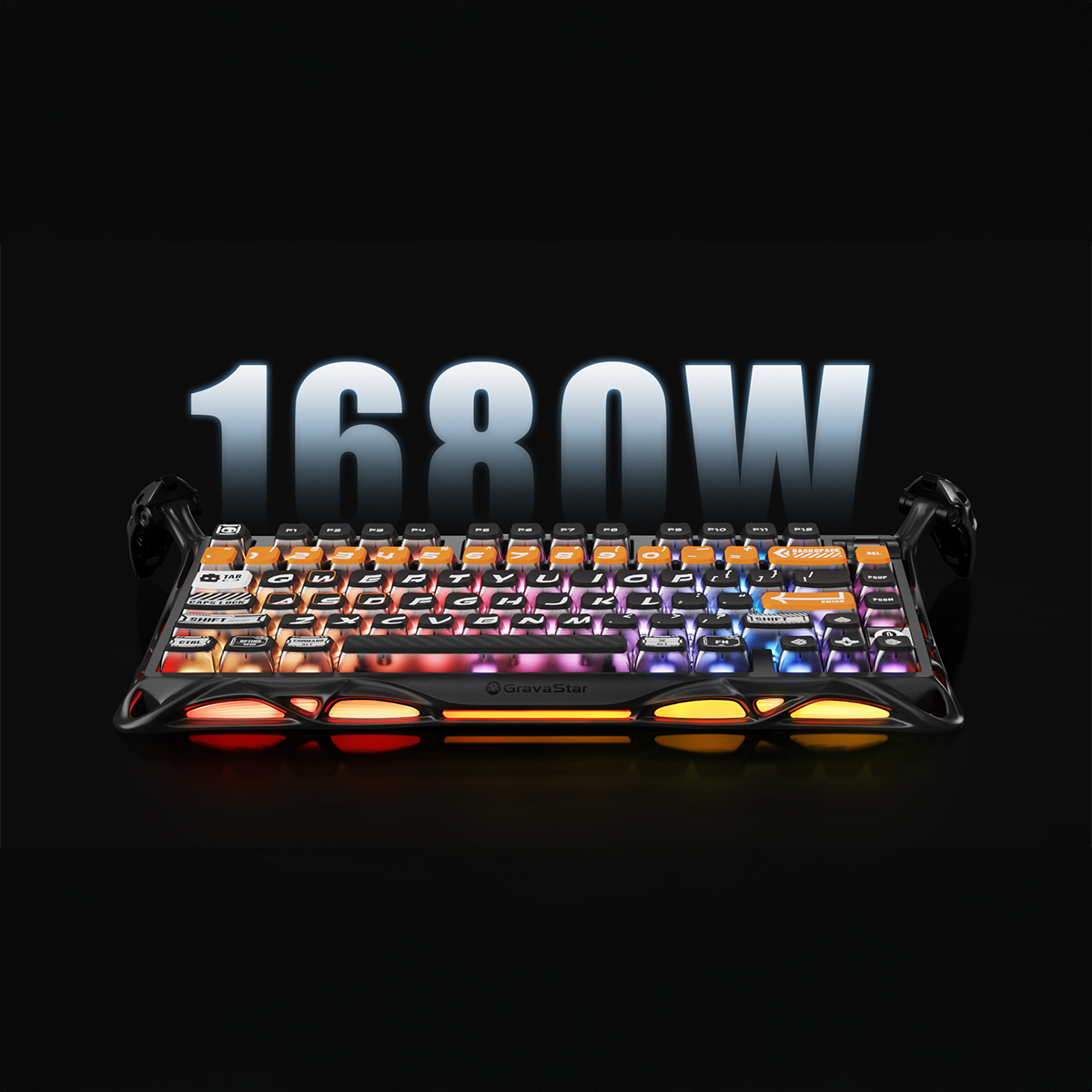 GravaStar Mercury K1 Pro CyberFlare Edition wireless mechanical keyboard showcasing dual independent 16.8 million color RGB lighting systems, south-facing LED PBT keycap illumination, customizable 13 lighting modes, gasket dampening design, and nano-textured aluminum alloy skeletal frame.