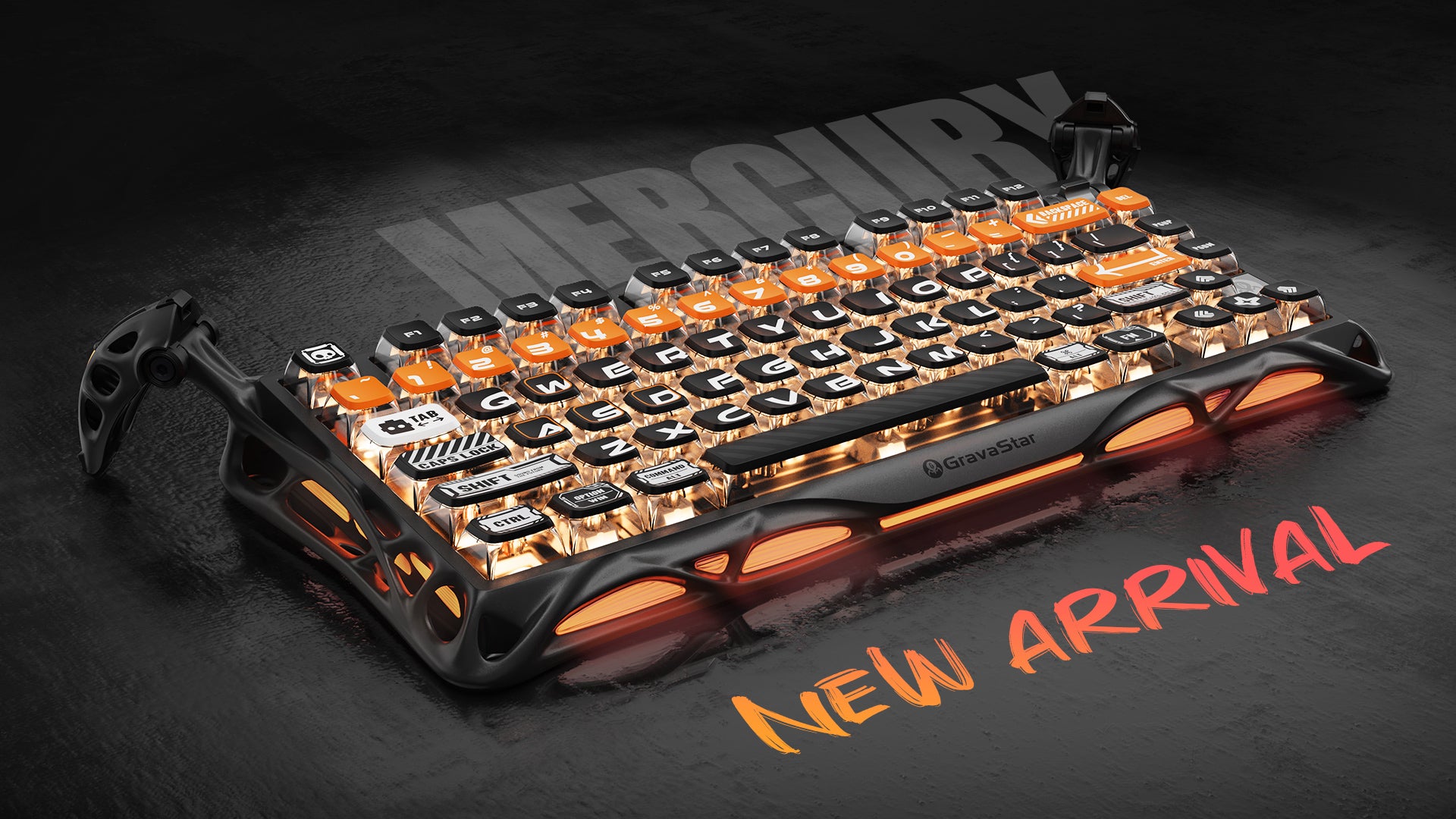 GravaStar Mercury K1 Pro CyberFlare 75% wireless mechanical gaming keyboard featuring nano-textured aluminum alloy exoskeleton, glowing orange cybernetic branch accents, Pudding PBT keycaps, and South-facing RGB lighting.