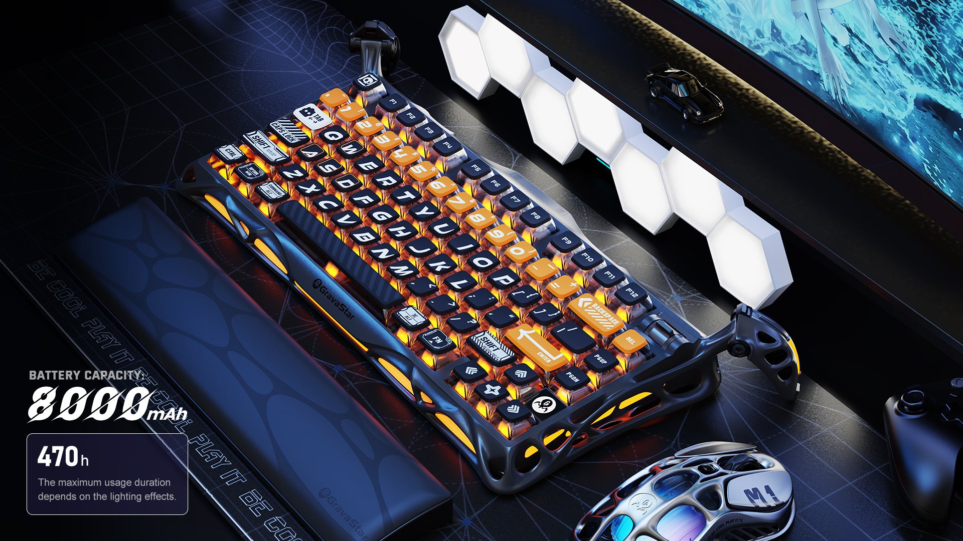 GravaStar Mercury K1 Pro CyberFlare 75% wireless mechanical gaming keyboard desk setup showcasing 8000mAh battery capacity, 470-hour battery life, Pudding PBT keycaps, and Mercury M1 Pro mouse.
