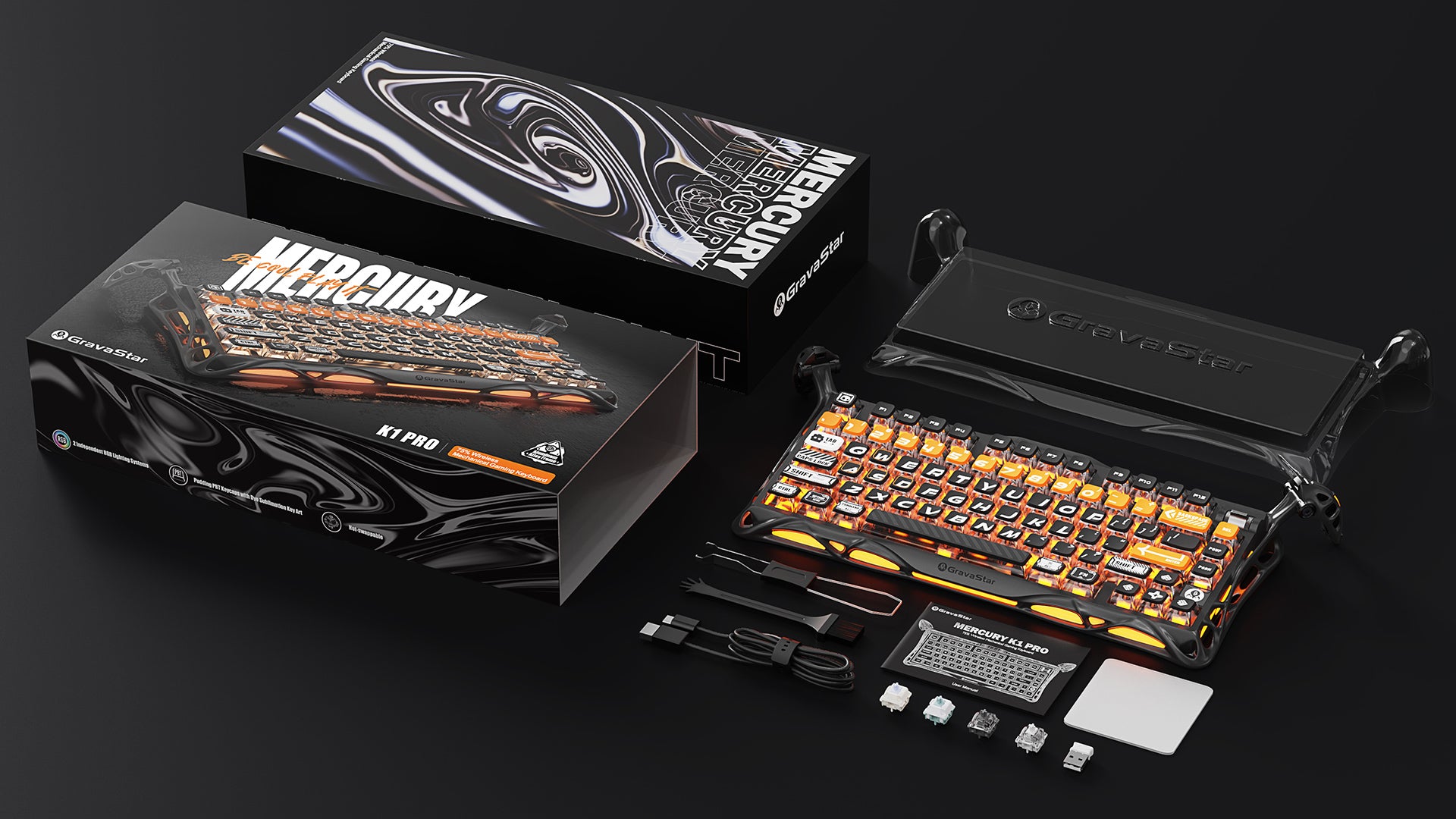 GravaStar Mercury K1 Pro CyberFlare 75% wireless mechanical gaming keyboard packaging box and accessories view displaying dust cover, Type-C cable, 2.4GHz receiver, 2-in-1 puller, cleaning brush, extra switches, manual, and cleaning cloth.