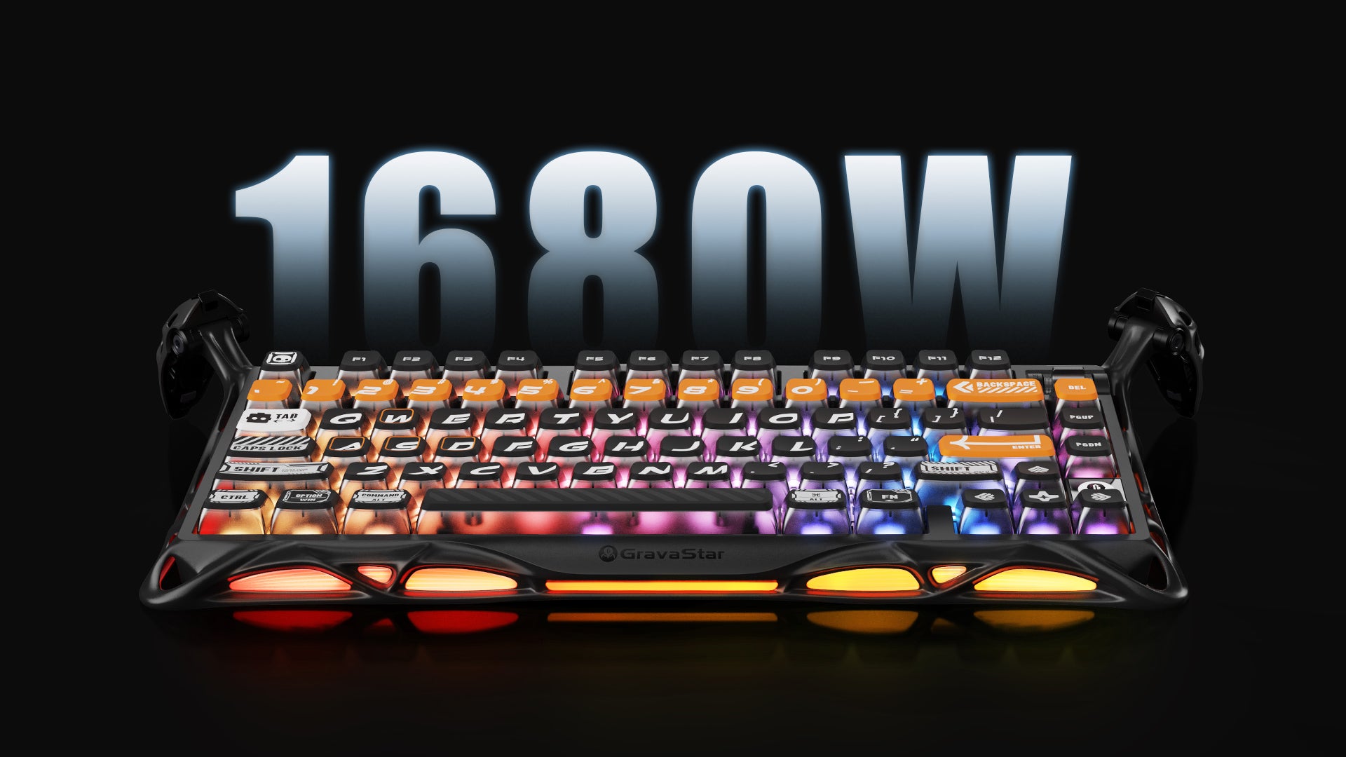 GravaStar Mercury K1 Pro CyberFlare 75% wireless mechanical gaming keyboard front view highlighting 16.8M color dual independent RGB backlighting with Pudding PBT keycaps and glowing cybernetic branch accents.