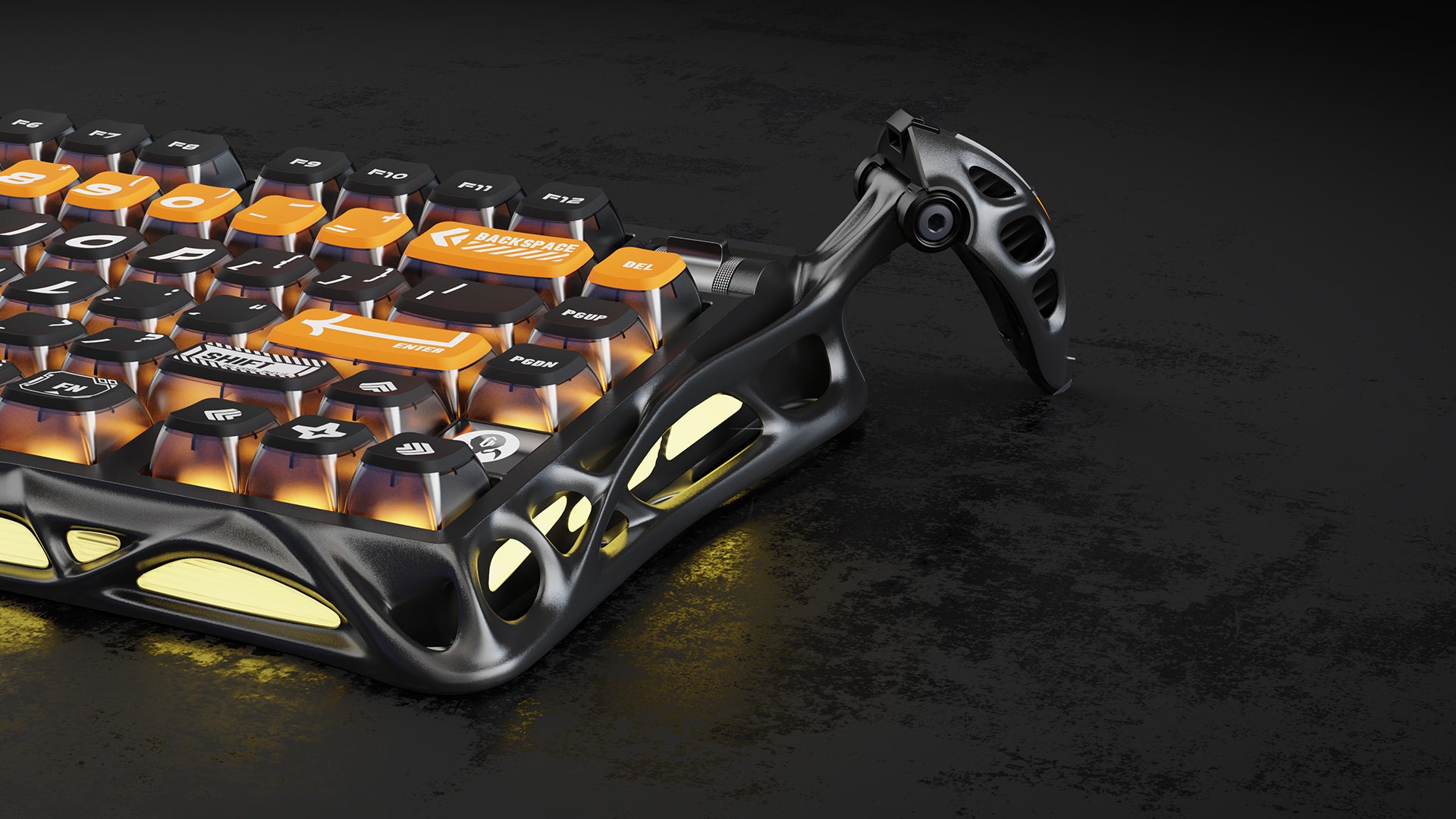 GravaStar Mercury K1 Pro CyberFlare 75% wireless mechanical gaming keyboard close-up side view showcasing nano-textured aluminum alloy exoskeleton, glowing orange cybernetic branch accents, and Pudding PBT keycaps.