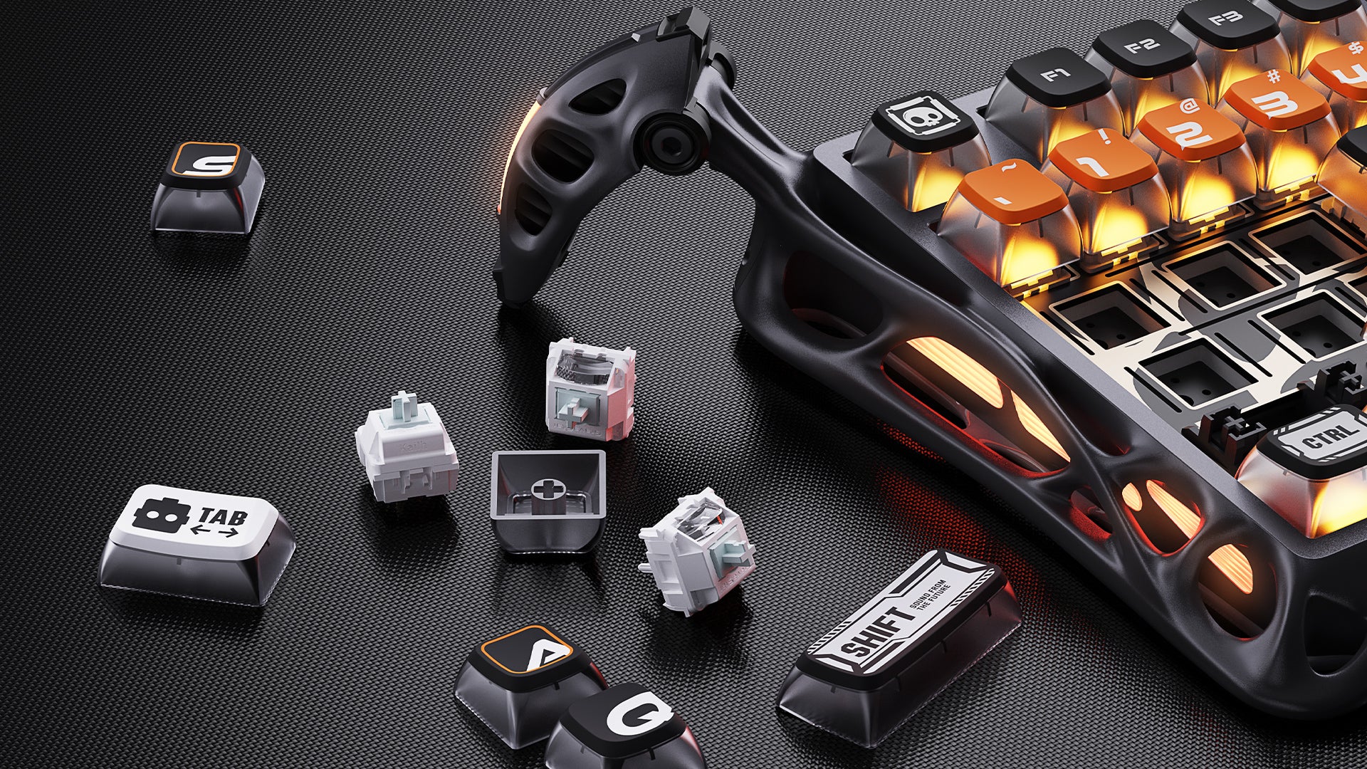 GravaStar Mercury K1 Pro CyberFlare 75% wireless mechanical gaming keyboard macro view featuring hot-swappable Kailh linear switches, Pudding PBT keycaps, nano-textured aluminum exoskeleton, and South-facing RGB lighting.