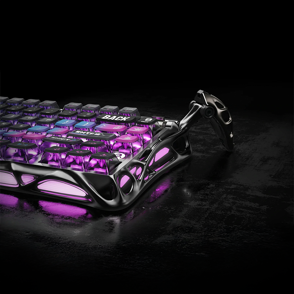 GravaStar Mercury K1 Pro Cyberpunk Edition wireless mechanical keyboard featuring aluminum alloy skeletal frame, Kailh Speedy Mint linear switches, Pudding PBT keycaps, gasket-mounted dampening structure, and customizable dual RGB backlighting.
