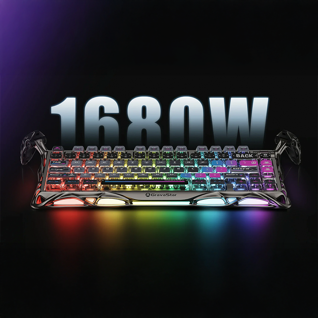 GravaStar Mercury K1 Pro Cyberpunk Edition wireless mechanical keyboard showcasing dual independent 16.8 million color RGB lighting systems, south-facing LED PBT keycap illumination, customizable 13 lighting modes, gasket dampening design, and aluminum alloy skeletal frame.