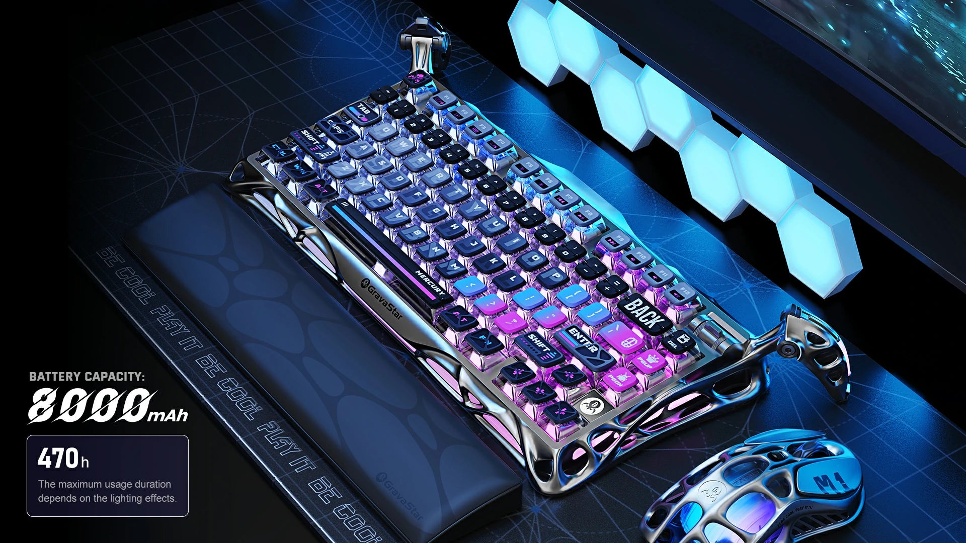 GravaStar Mercury K1 Pro Special Edition Cyberpunk 75% wireless mechanical gaming keyboard desk setup showcasing 8000mAh battery capacity, 470-hour battery life, transparent cyber keycaps, and Mercury M1 Pro mouse.