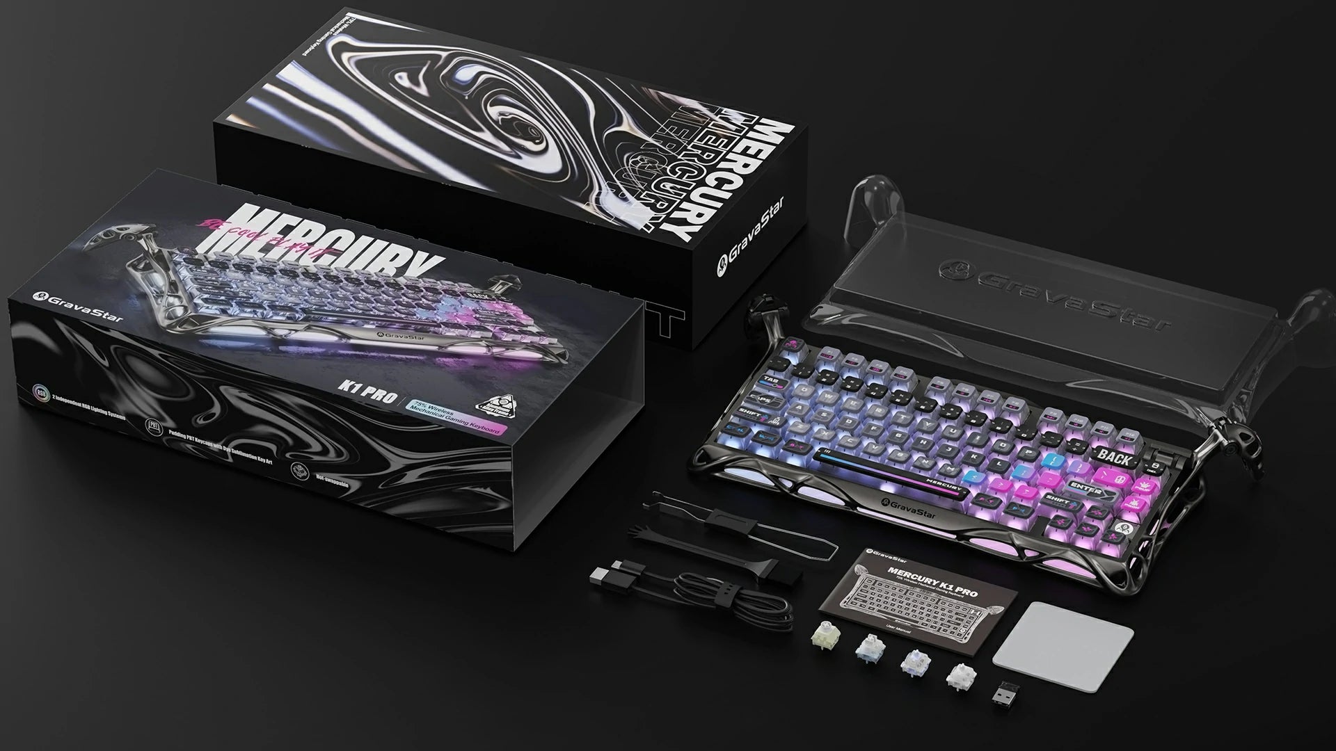 GravaStar Mercury K1 Pro Special Edition Cyberpunk 75% wireless mechanical gaming keyboard packaging box and accessories view displaying transparent cyber keycaps, dust cover, Type-C cable, 2.4GHz receiver, 2-in-1 puller, cleaning brush, extra switches, manual, and cleaning cloth.