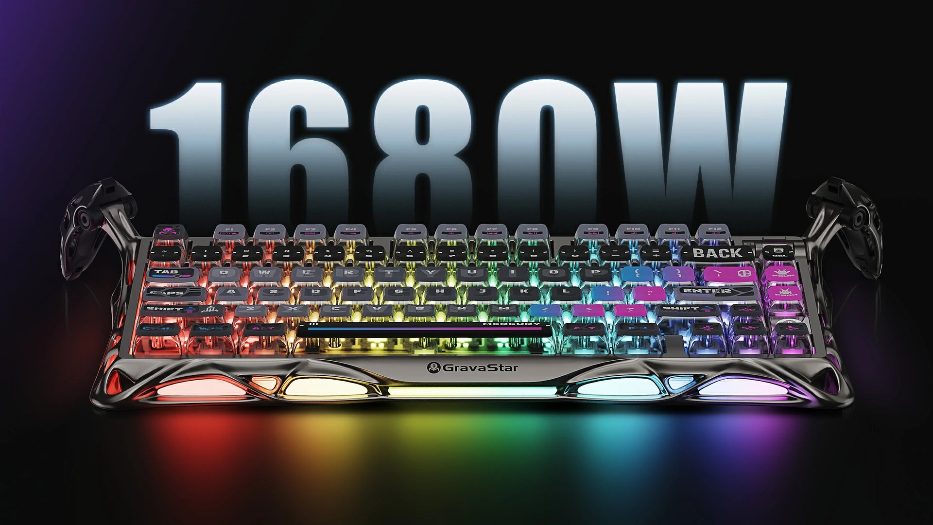 GravaStar Mercury K1 Pro Special Edition Cyberpunk 75% wireless mechanical gaming keyboard front view highlighting 16.8M color dual independent RGB backlighting with transparent cyber keycaps and quicksilver skeletal frame.