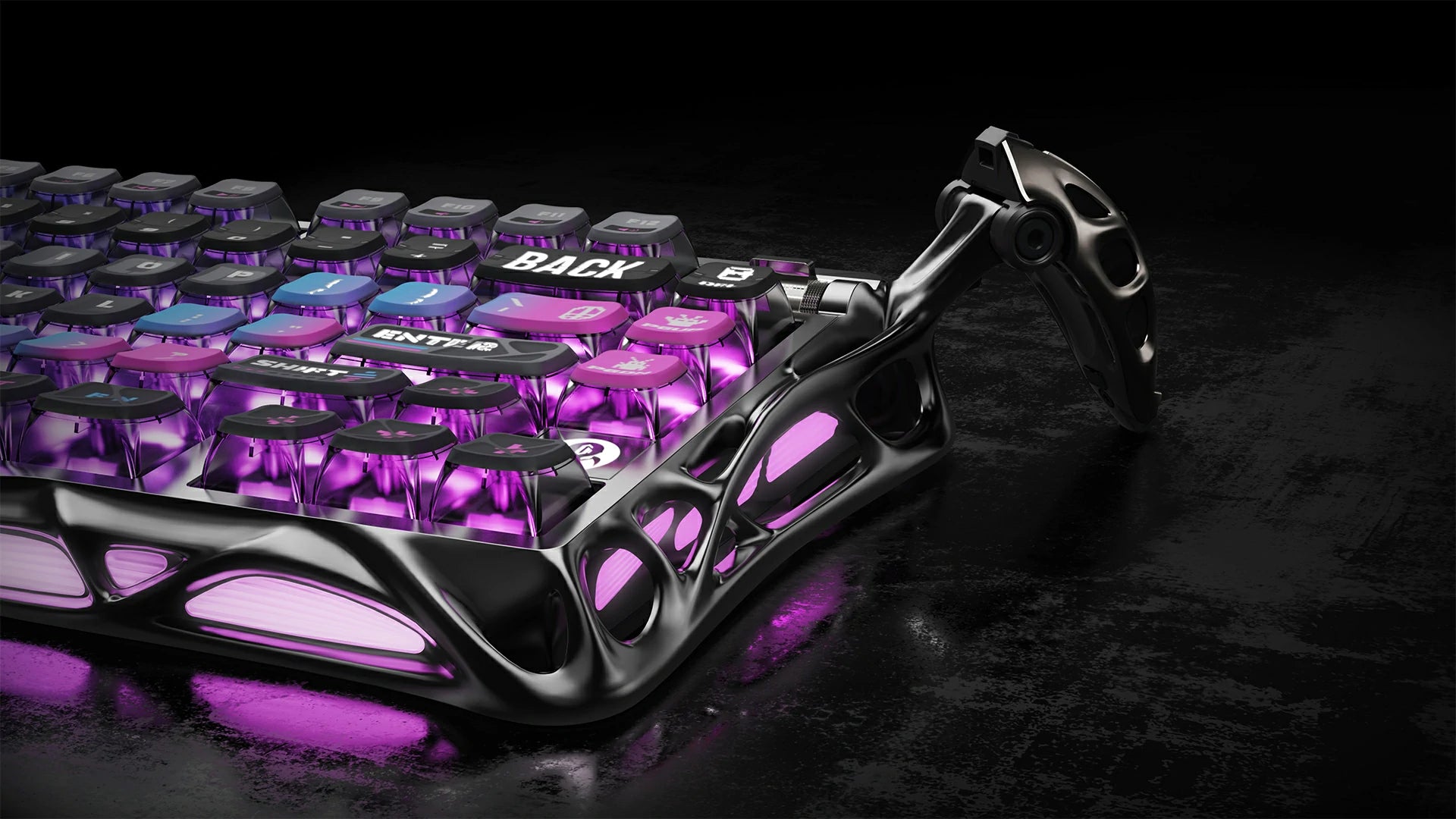 GravaStar Mercury K1 Pro Special Edition Cyberpunk 75% wireless mechanical gaming keyboard close-up side view showcasing quicksilver aluminum alloy skeletal frame, transparent cyber keycaps, and neon RGB lighting.