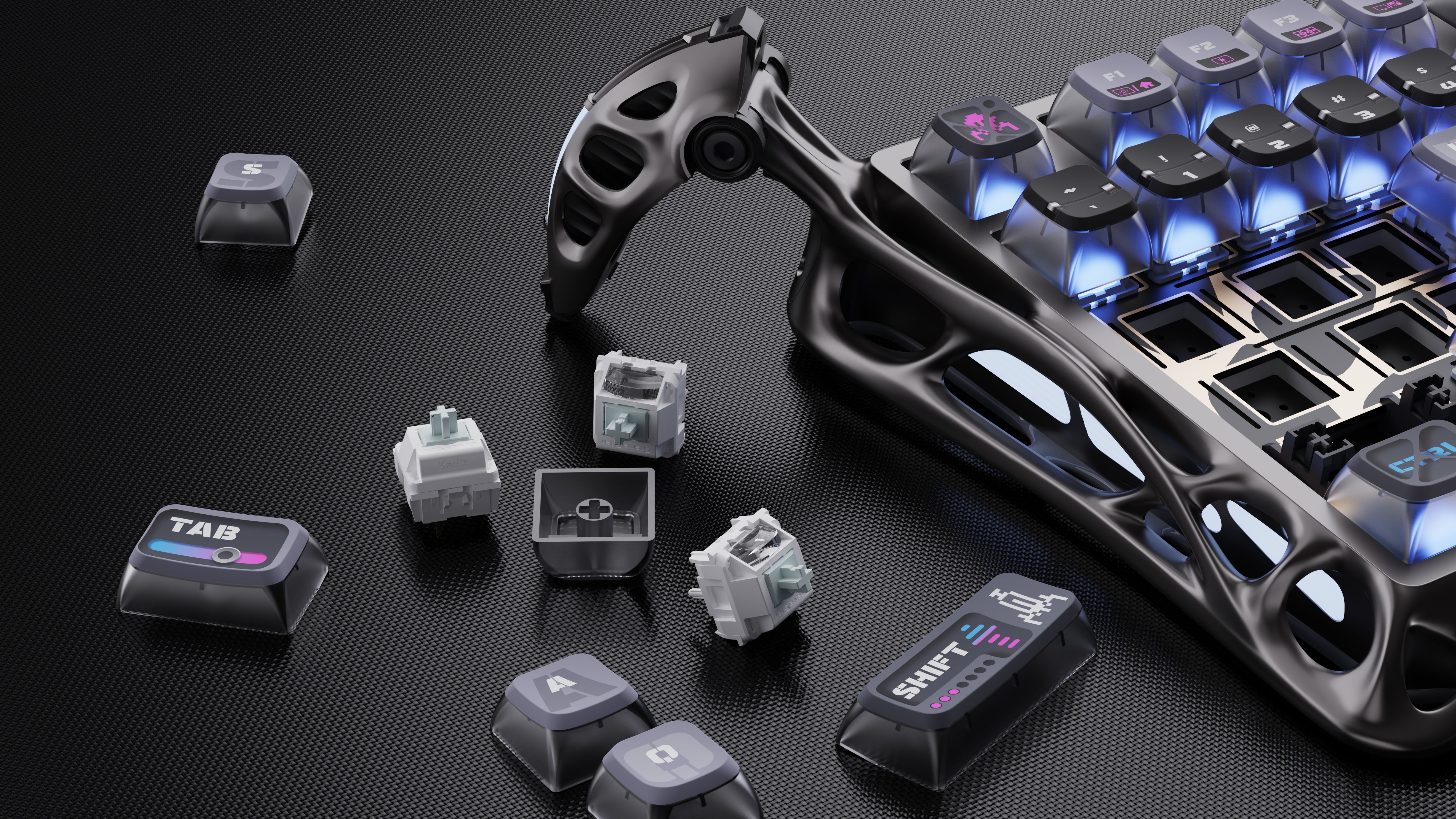 GravaStar Mercury K1 Pro Special Edition Cyberpunk 75% wireless mechanical gaming keyboard macro view featuring hot-swappable Kailh linear switches, transparent cyber keycaps, quicksilver aluminum exoskeleton, and vibrant RGB lighting.
