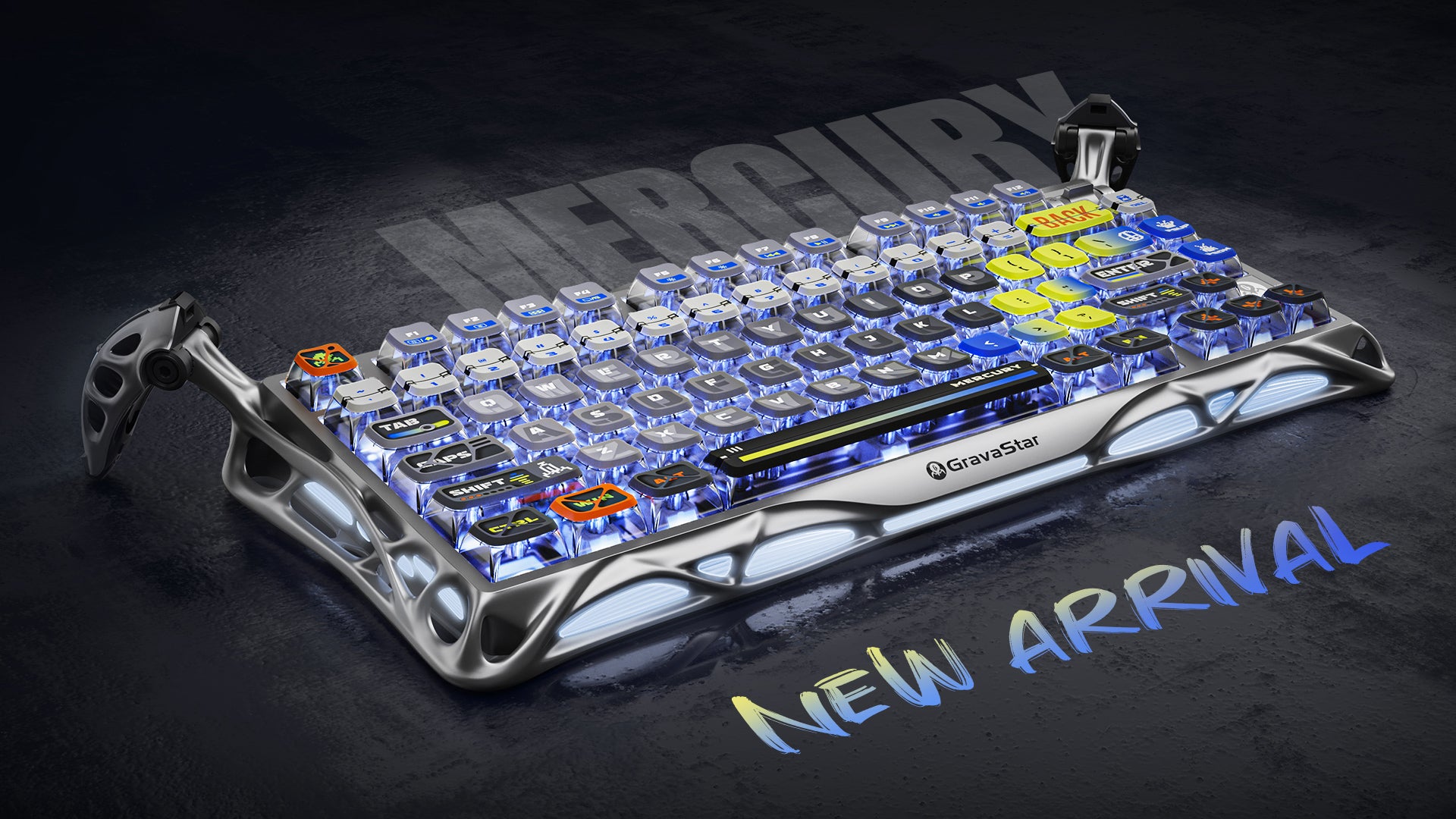GravaStar Mercury K1 Pro Special Edition Interstellar Silver 75% wireless mechanical gaming keyboard featuring nano-textured aluminum alloy exoskeleton, Pudding PBT keycaps, and icy blue RGB lighting.