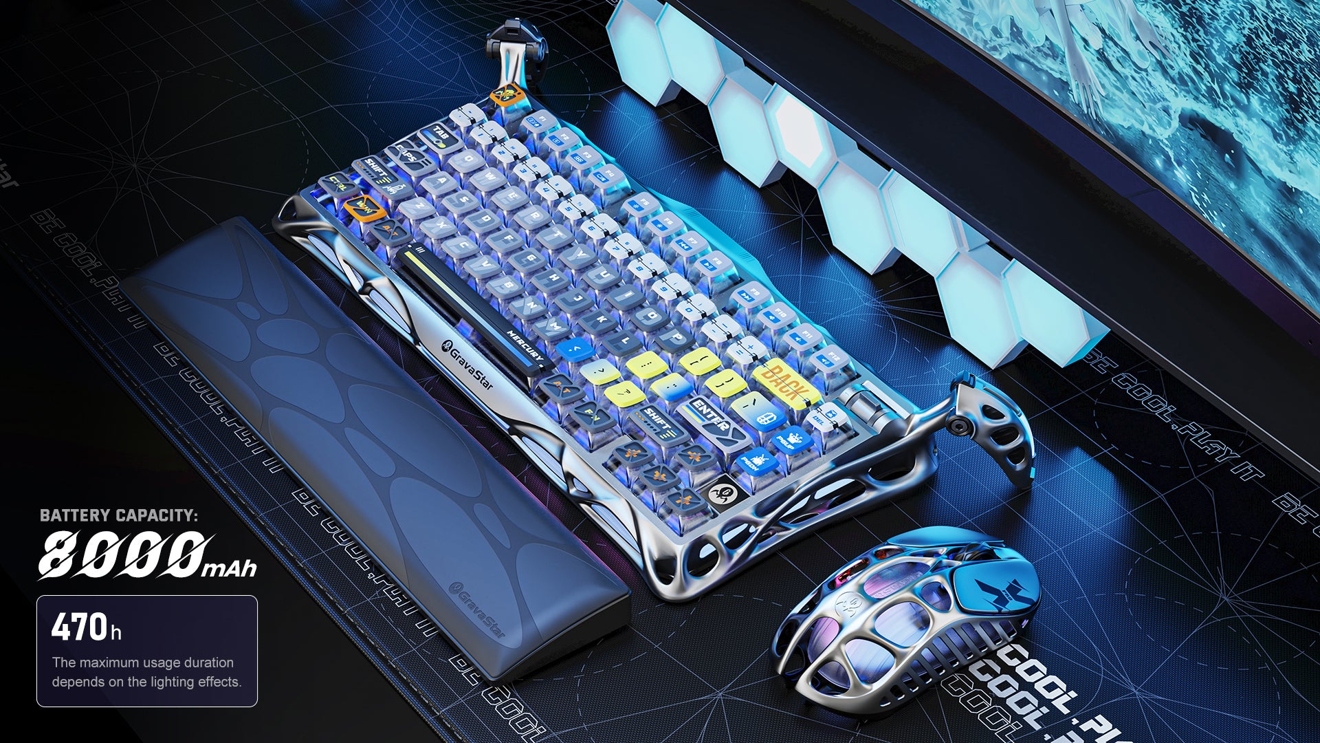 GravaStar Mercury K1 Pro Special Edition Interstellar Silver 75% wireless mechanical gaming keyboard desk setup showcasing 8000mAh battery capacity, 470-hour battery life, Pudding PBT keycaps, and Mercury M1 Pro mouse.