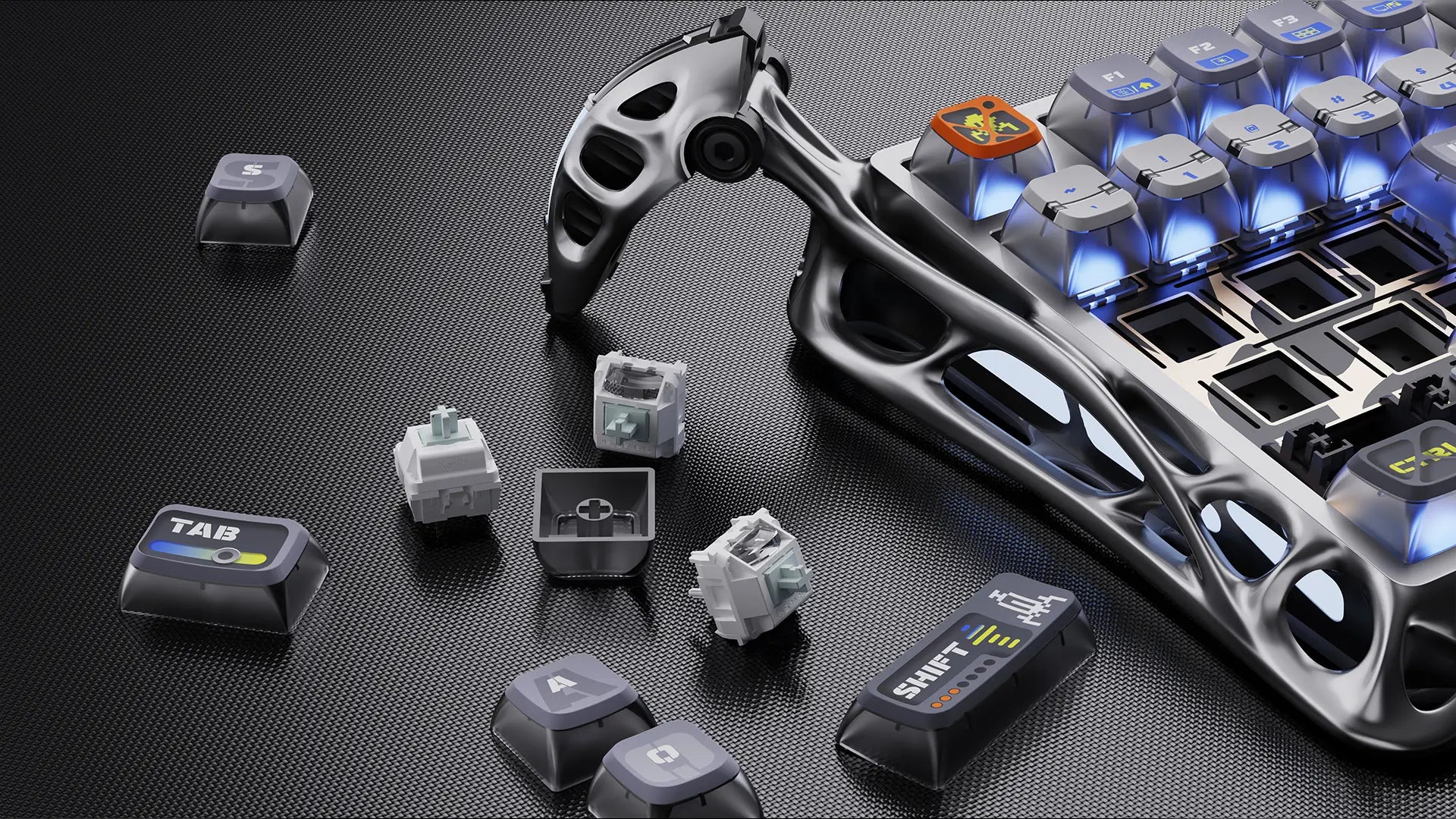 GravaStar Mercury K1 Pro Special Edition Interstellar Silver 75% wireless mechanical gaming keyboard macro view featuring hot-swappable Kailh linear switches, Pudding PBT keycaps, nano-textured aluminum exoskeleton, and icy blue RGB lighting.