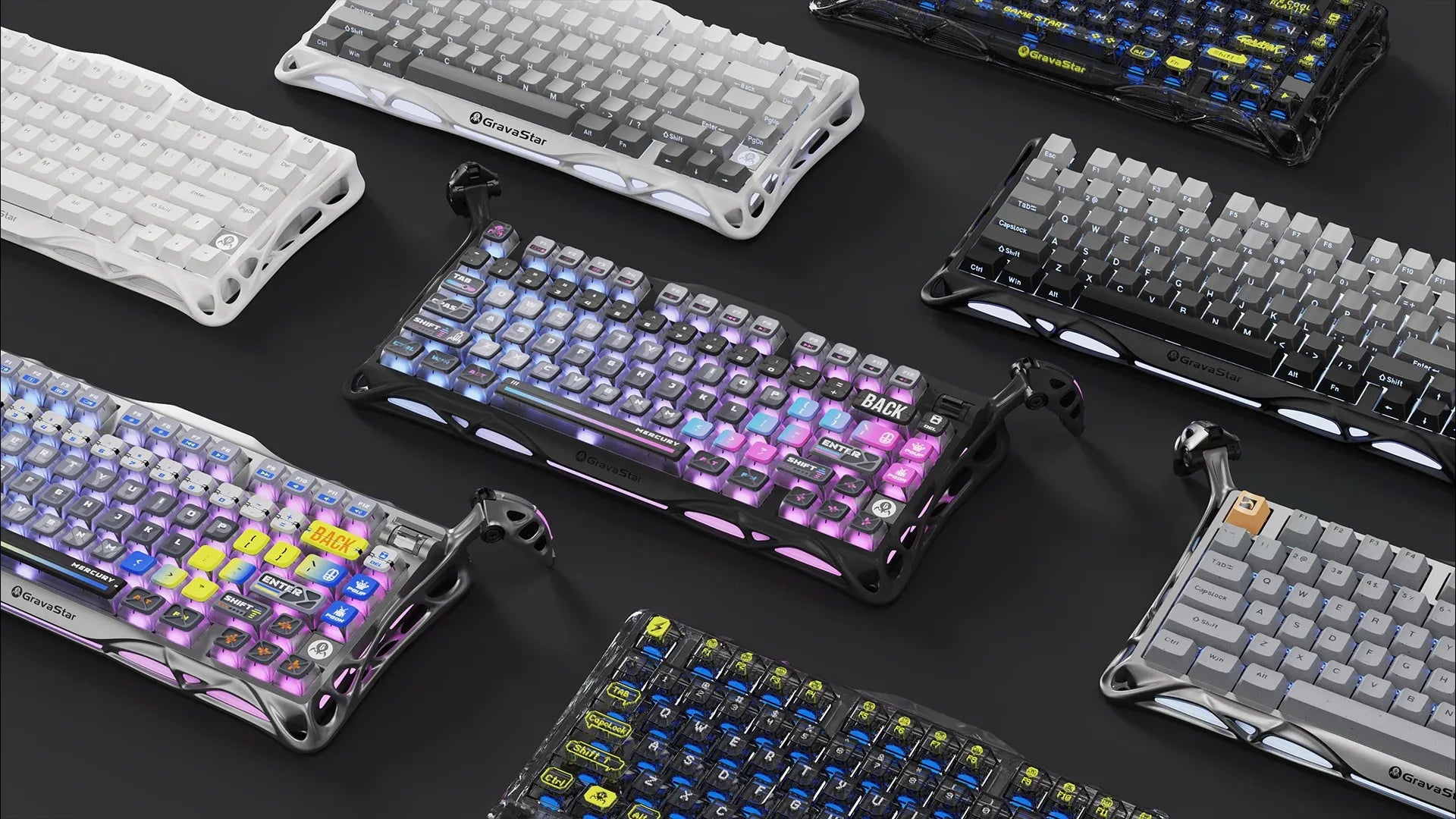 GravaStar Mercury K1 and K1 Pro series wireless mechanical gaming keyboards collection featuring Cyberpunk, CyberFlare, Gradient White, Interstellar Silver, and Battle-Worn Yellow special editions with aluminum exoskeleton frames and RGB backlighting.