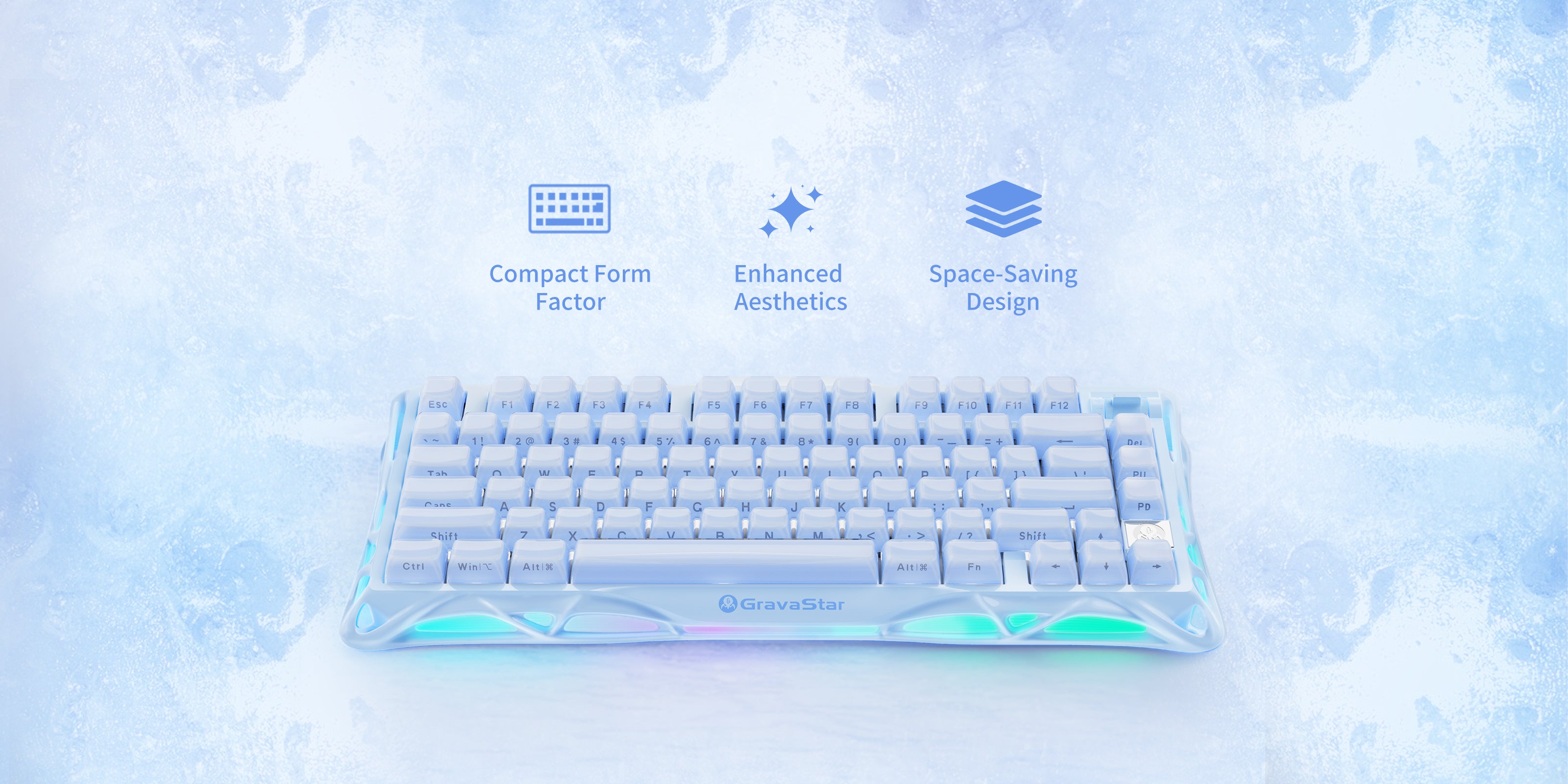 GravaStar Mercury K1 Special Edition Ice Blue 75% wireless mechanical gaming keyboard diagram highlighting compact 79-key layout, space-saving design, enhanced ergonomics, and matte ice blue aluminum alloy exoskeleton frame.