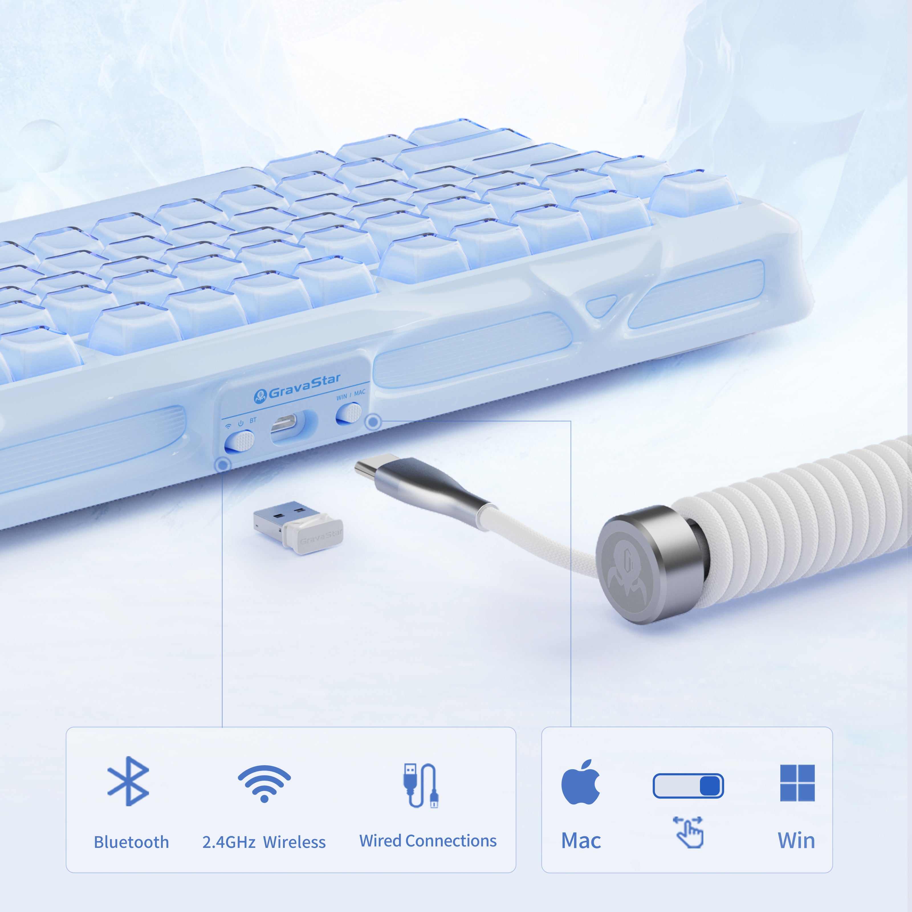 GravaStar Mercury K1 Special Edition Ice Blue 75% mechanical gaming keyboard connectivity diagram illustrating tri-mode switching for Bluetooth 5.0, 2.4GHz wireless, USB-C wired connection, and hardware toggle switch for Windows and macOS compatibility.