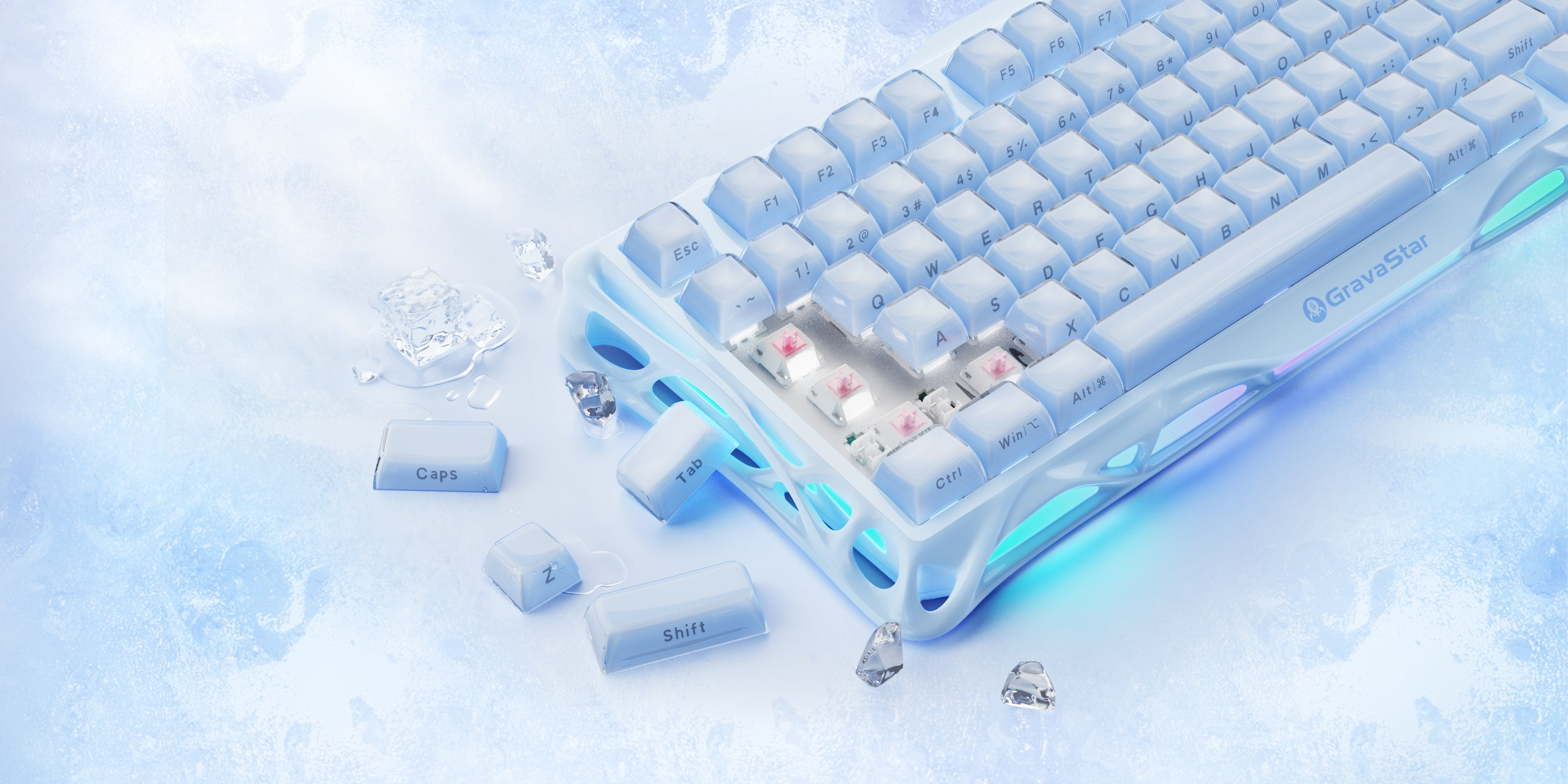 GravaStar Mercury K1 Special Edition Ice Blue 75% wireless mechanical gaming keyboard close-up showcasing matte ice blue aluminum alloy exoskeleton frame, custom linear switches, translucent PBT keycaps, and ice blue RGB backlighting.