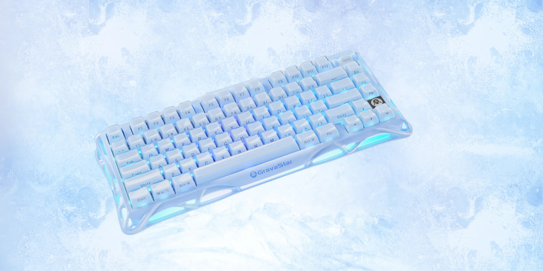 GravaStar Mercury K1 Special Edition Ice Blue 75% wireless mechanical gaming keyboard featuring matte ice blue aluminum alloy exoskeleton frame, custom linear switches, Gasket mount structure, translucent PBT keycaps, and dual RGB backlighting.