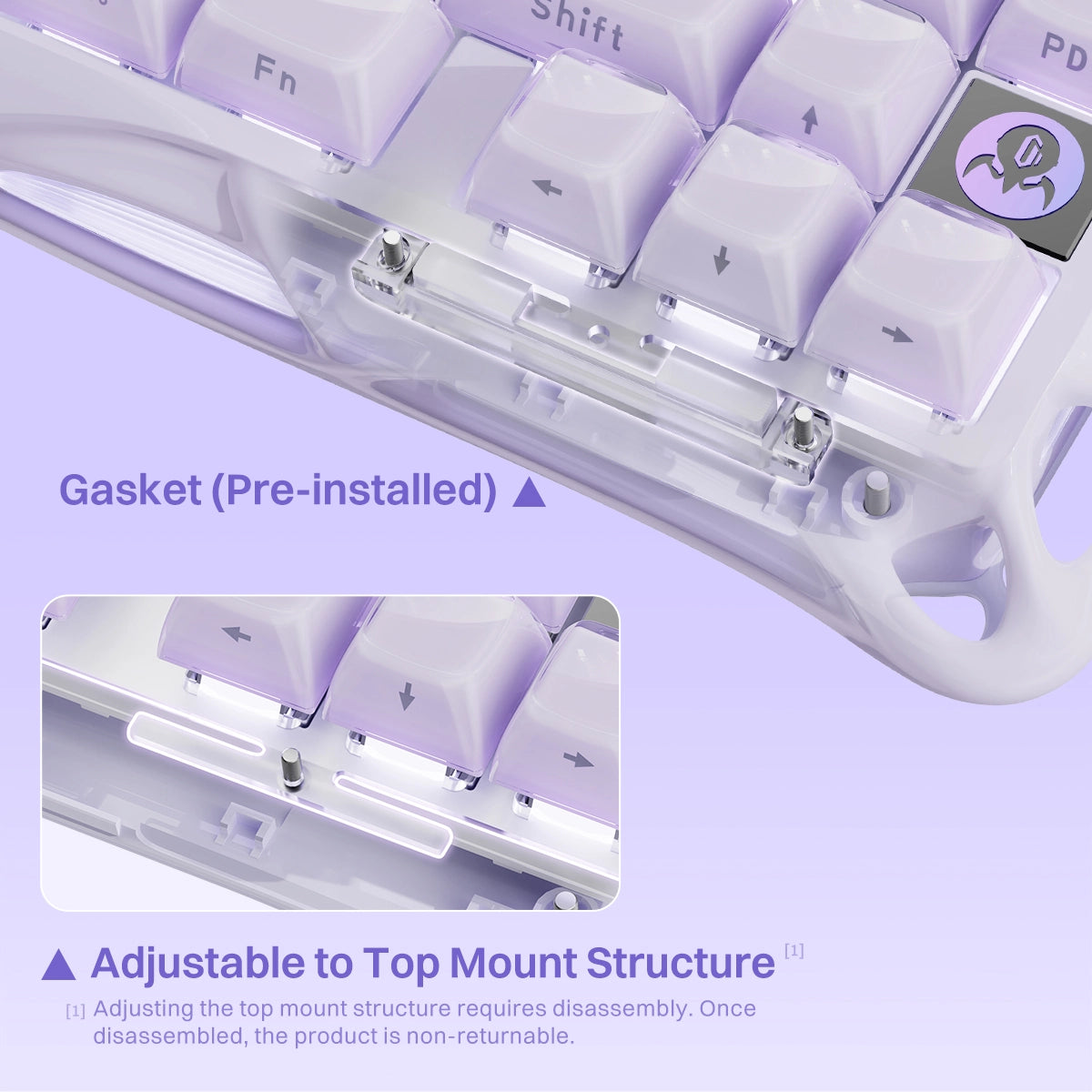 GravaStar Mercury K1 Special Edition Lavender Purple 75% mechanical gaming keyboard structural diagram showcasing pre-installed Gasket mount structure alongside adjustable Top mount configuration options for customized typing feedback.