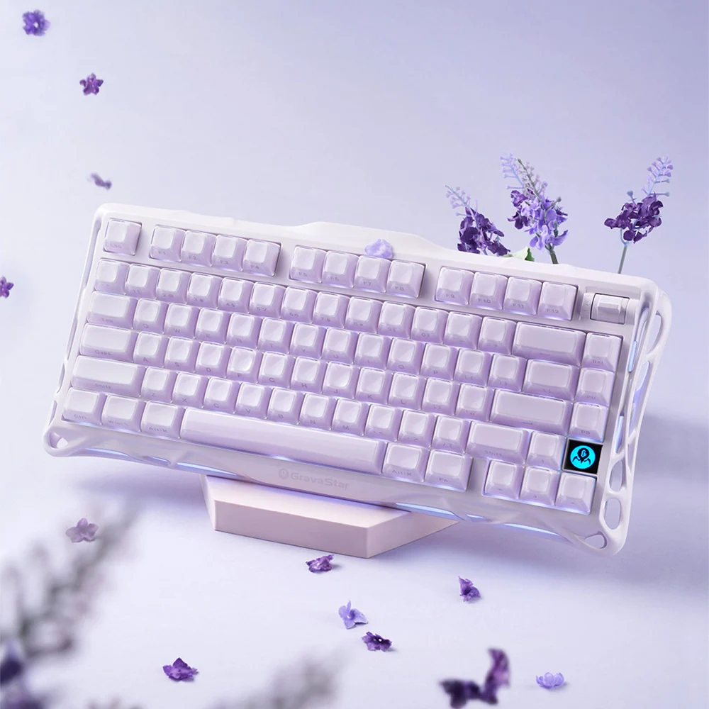 GravaStar Mercury K1 Special Edition Lavender Purple 75% mechanical gaming keyboard flagship banner featuring premium aluminum alloy chassis, custom Stellar Bloom linear switches, 5-layer PORON sound dampening, 8000mAh battery, and dual RGB backlighting.