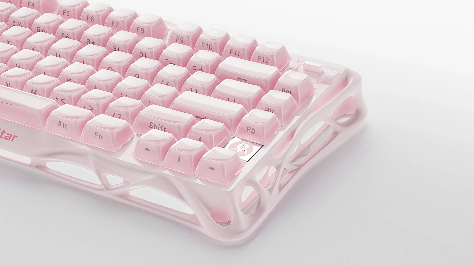 GravaStar Mercury K1 Special Edition Sakura Pink 75% wireless mechanical gaming keyboard close-up showcasing sakura pink aluminum alloy exoskeleton frame, dual-tone pink and white PBT keycaps, custom 40gf linear switches, and soft RGB backlighting.