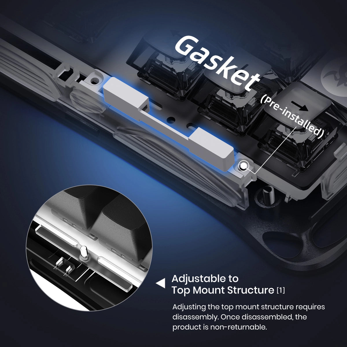 GravaStar Mercury K1 Stealth Black 75% wireless mechanical gaming keyboard structure diagram showcasing pre-installed Gasket mount design and option to convert to Top mount structure.