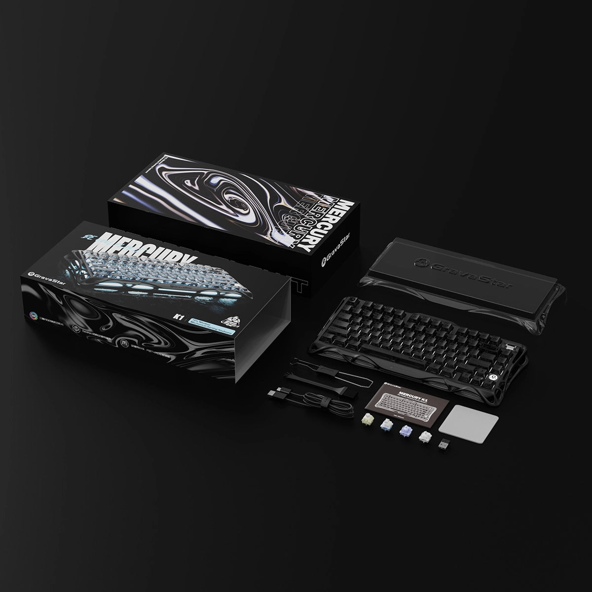 GravaStar Mercury K1 Stealth Black 75% wireless mechanical gaming keyboard unboxing overview showcasing outer packaging box, protective dust cover, USB-C cable, 2.4GHz receiver, keycap switch puller, cleaning brush, user manual, and extra sample switches.