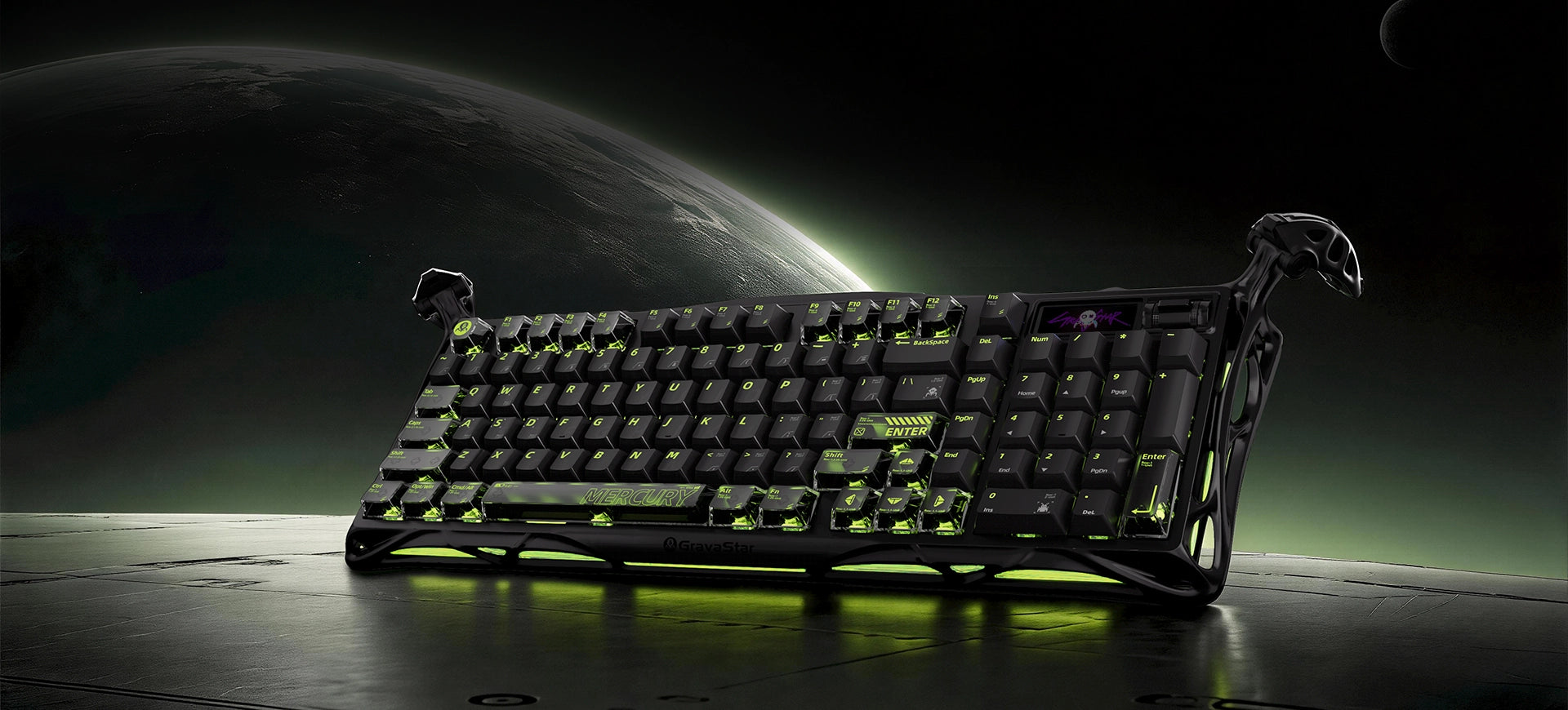 GravaStar Mercury K98 Pro Phantom Black 98% mechanical gaming keyboard featuring glossy aluminum alloy exoskeleton frame, 1.65” TFT smart display, dual 8KHz polling rate, custom UFO linear switches, 5-layer Gasket structure, translucent PBT keycaps, and ARGB lighting with mirror reflection.