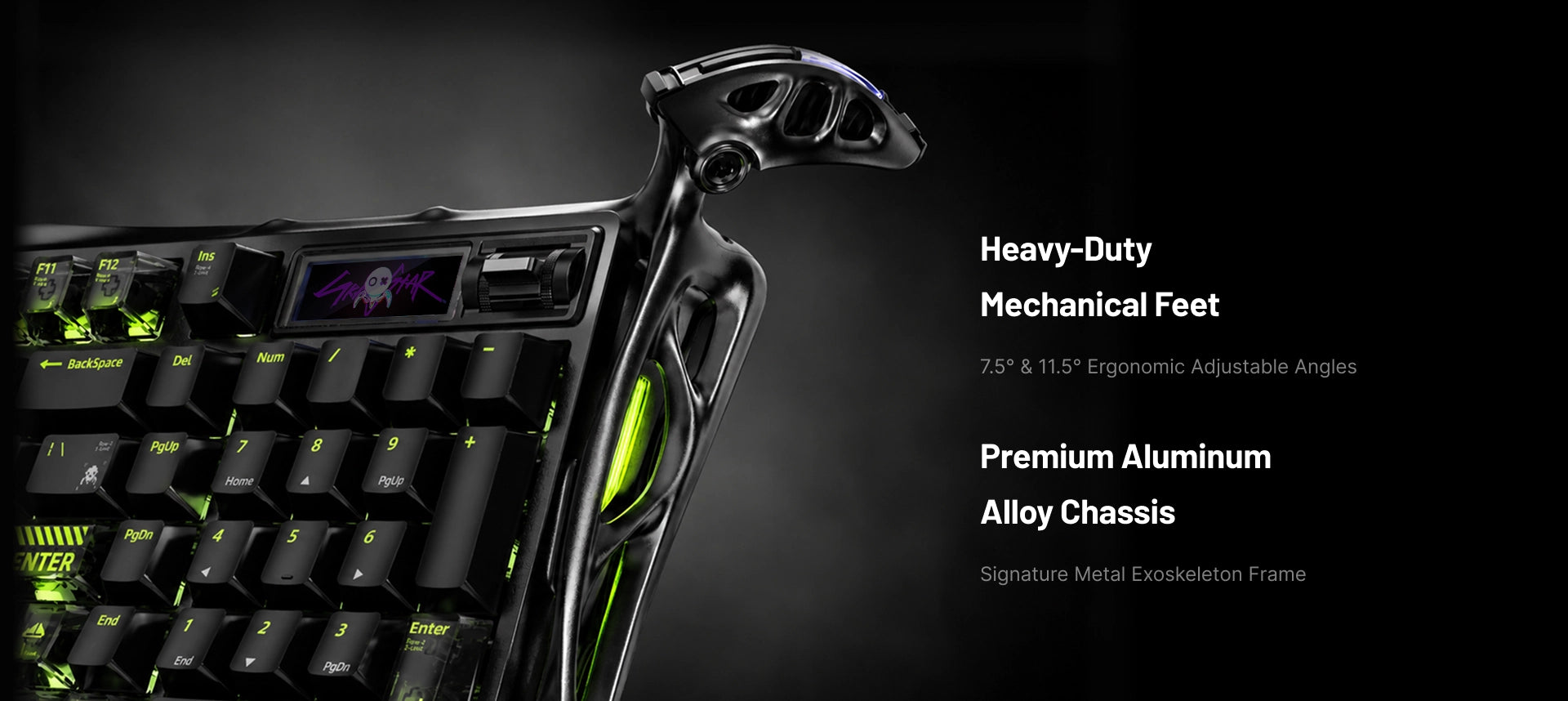 GravaStar Mercury K98 Pro Phantom Black 98% mechanical gaming keyboard close-up illustrating glossy aluminum alloy exoskeleton chassis and heavy-duty mechanical feet with 7.5° and 11.5° ergonomic adjustable typing angles alongside ARGB ambient side lighting.